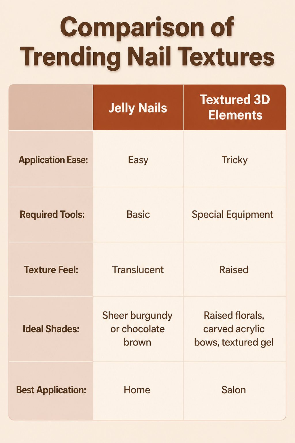 Comparison of various trending nail textures.