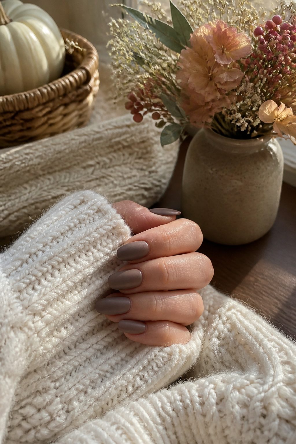 Matte taupe nails on a knit sweater.
