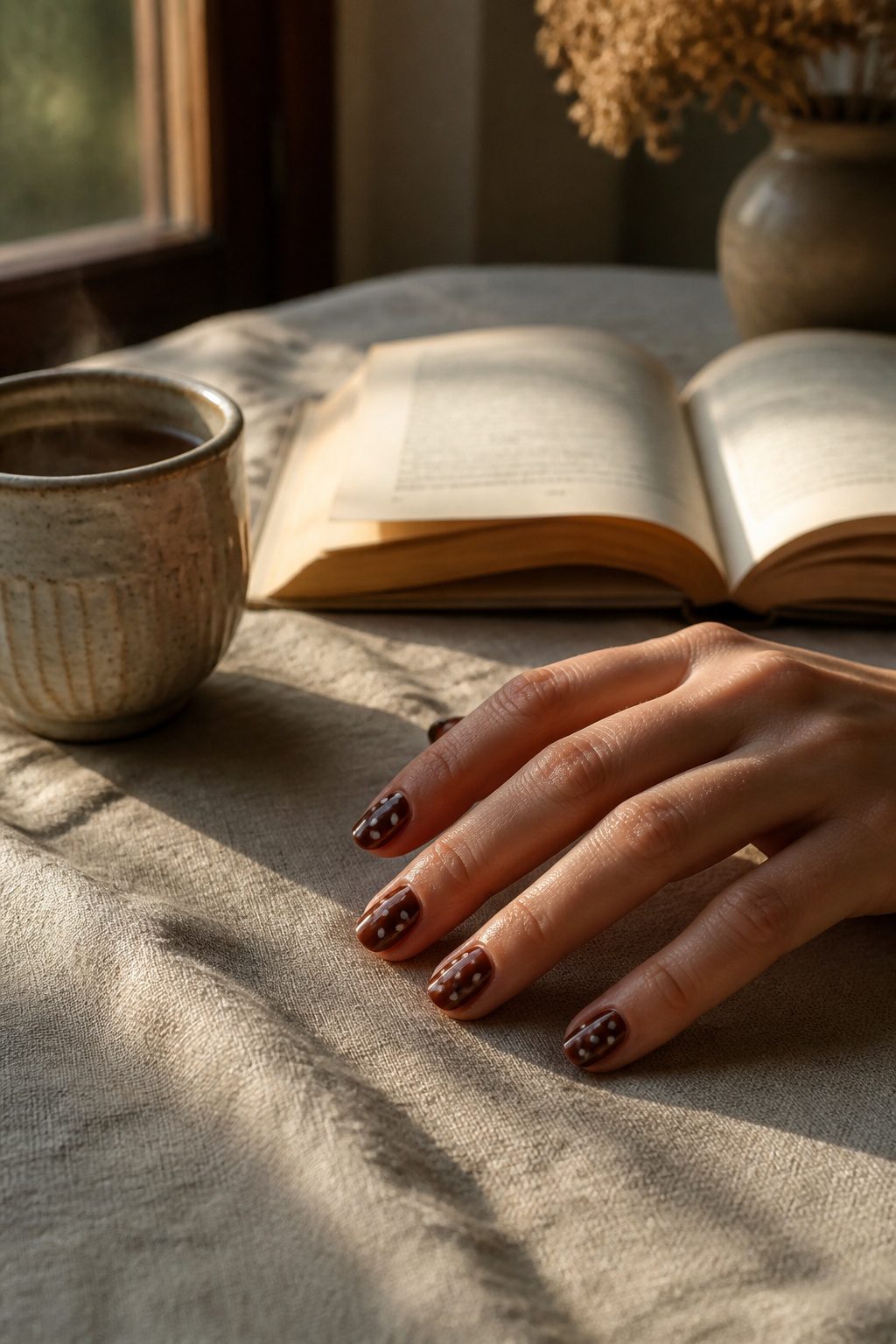 Nails decorated with vintage polka dots on a linen tablecloth.