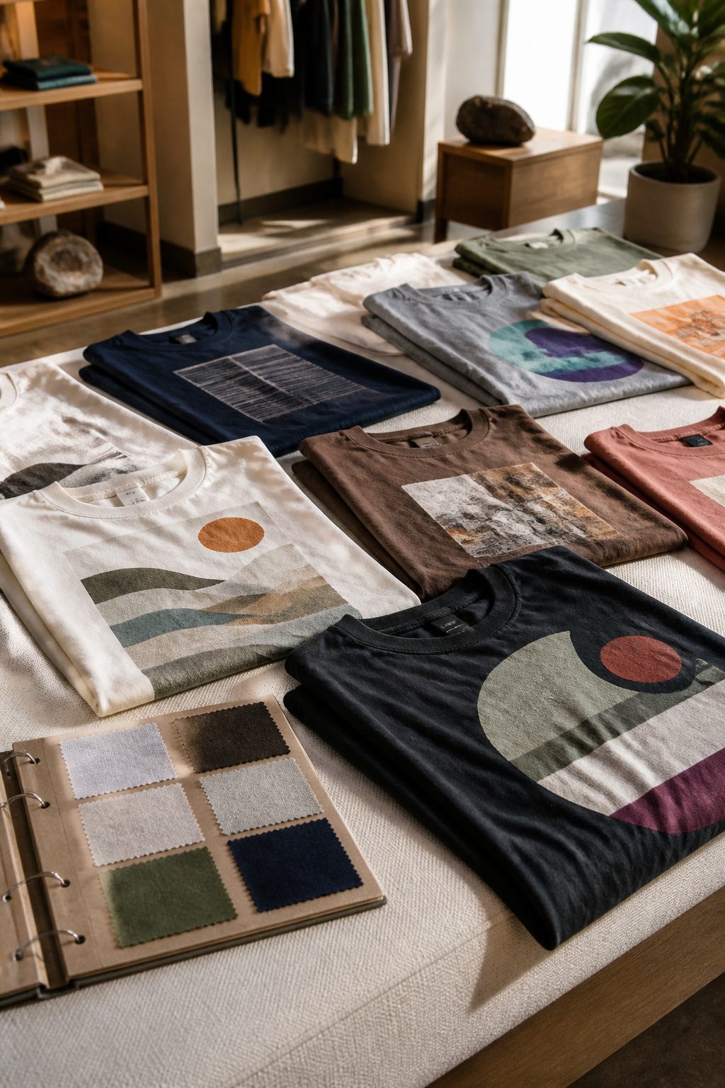 Graphic Tees: 6 Styles Worth Wearing in 2026 8 A collection of graphic tees laid out on a table, showing various fabric types.