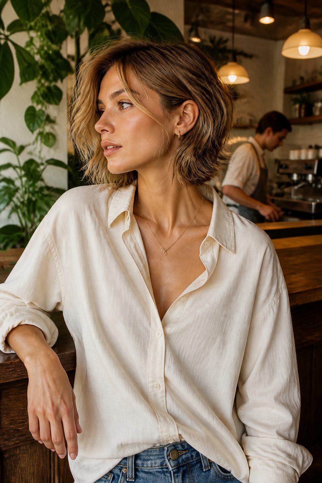 Model with a bixie haircut, framing her neckline.