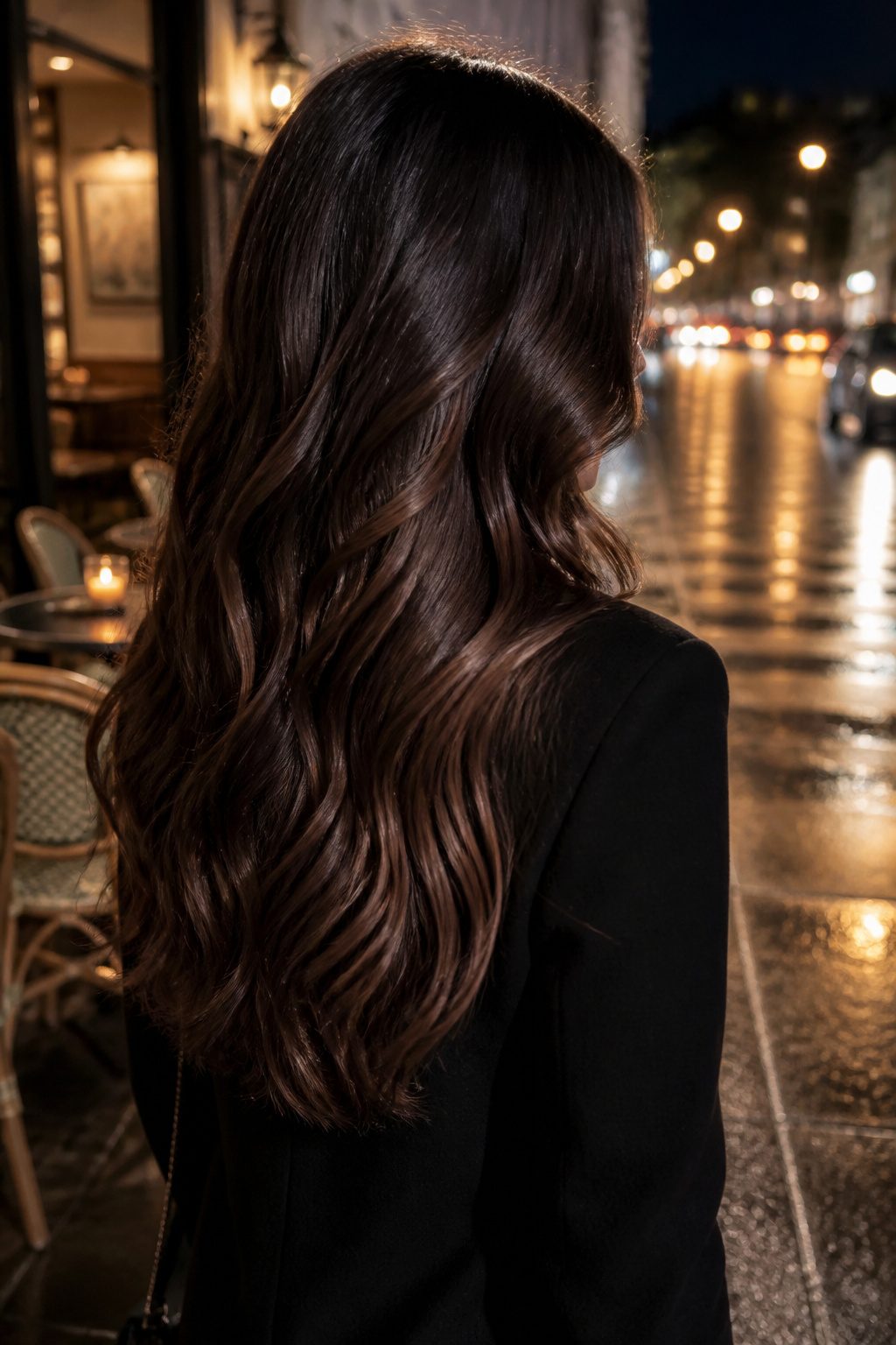 Model's hair in a rich espresso martini brunette color.