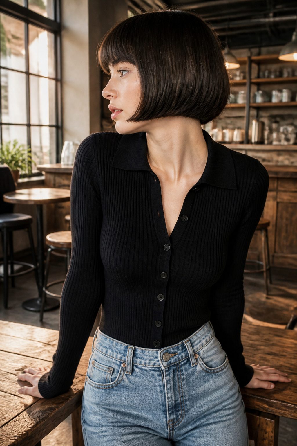 Model with a polished French bob haircut and straight bangs.