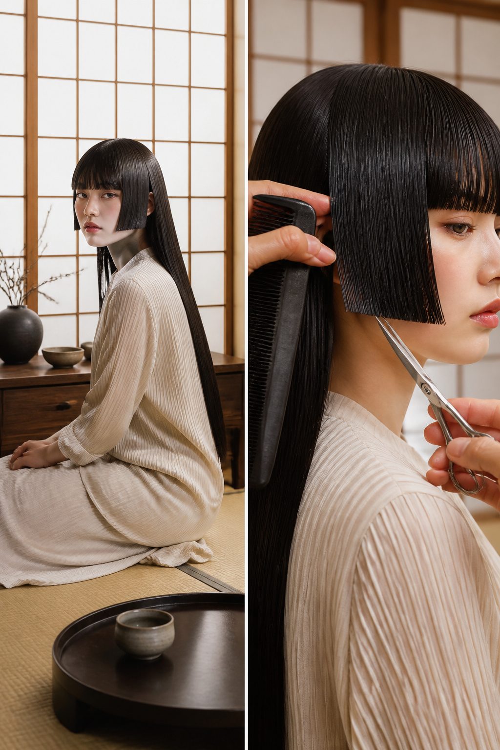 Model with a hime cut featuring blunt front panels.