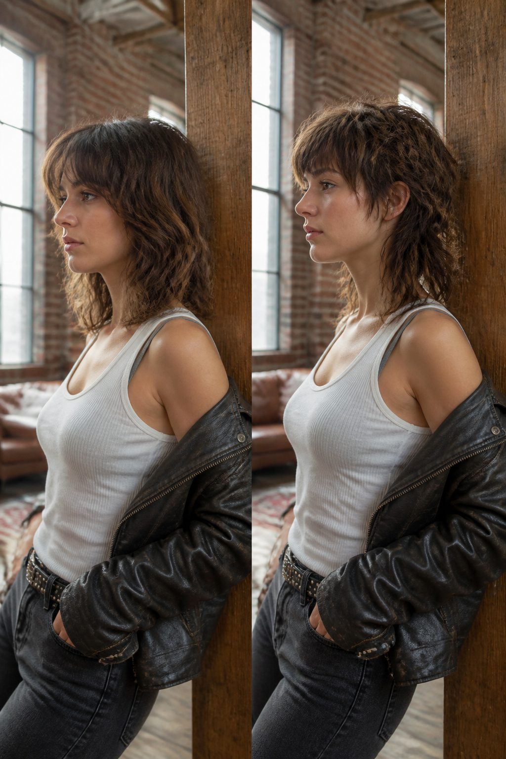 Model with a mixie haircut, featuring short sides and a longer back.