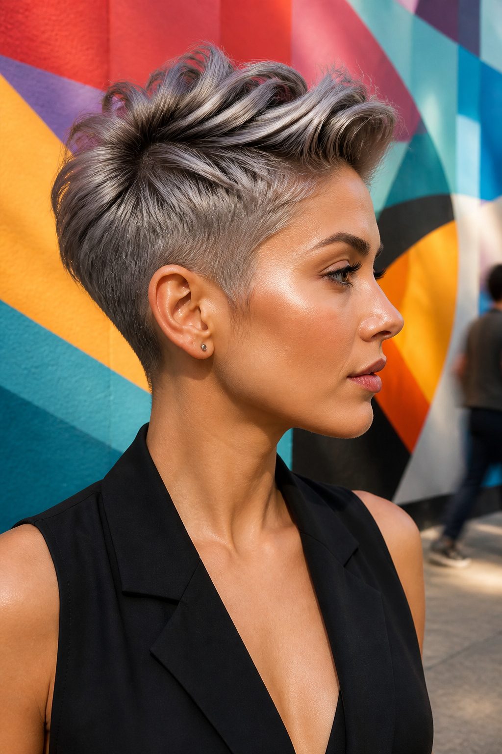 Short power pixie haircut with volume at the top.