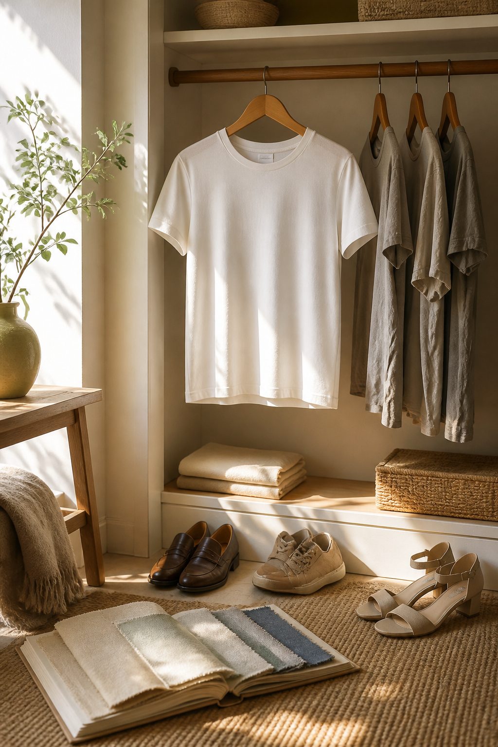 How to Build a Capsule Wardrobe: 7 Steps for a Smaller Closet in 2026 4 A closet featuring a well-structured hanger with a high-quality tee.