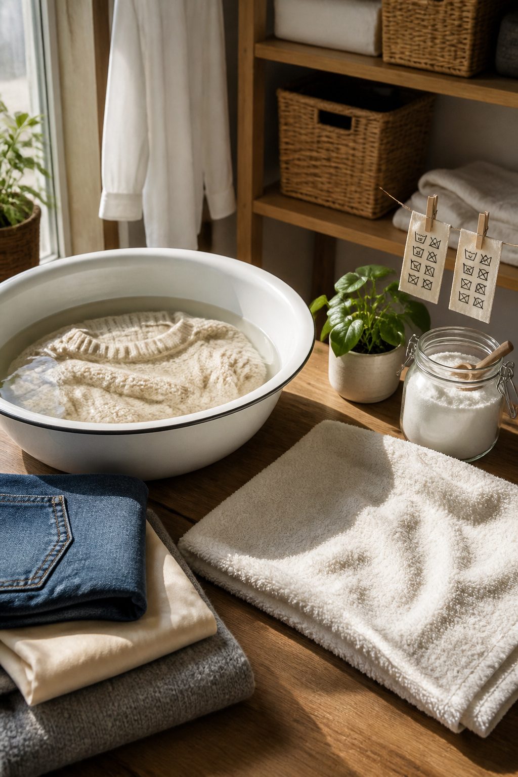 How to Build a Capsule Wardrobe: 7 Steps for a Smaller Closet in 2026 7 A laundry basin with a wool sweater being hand-washed.