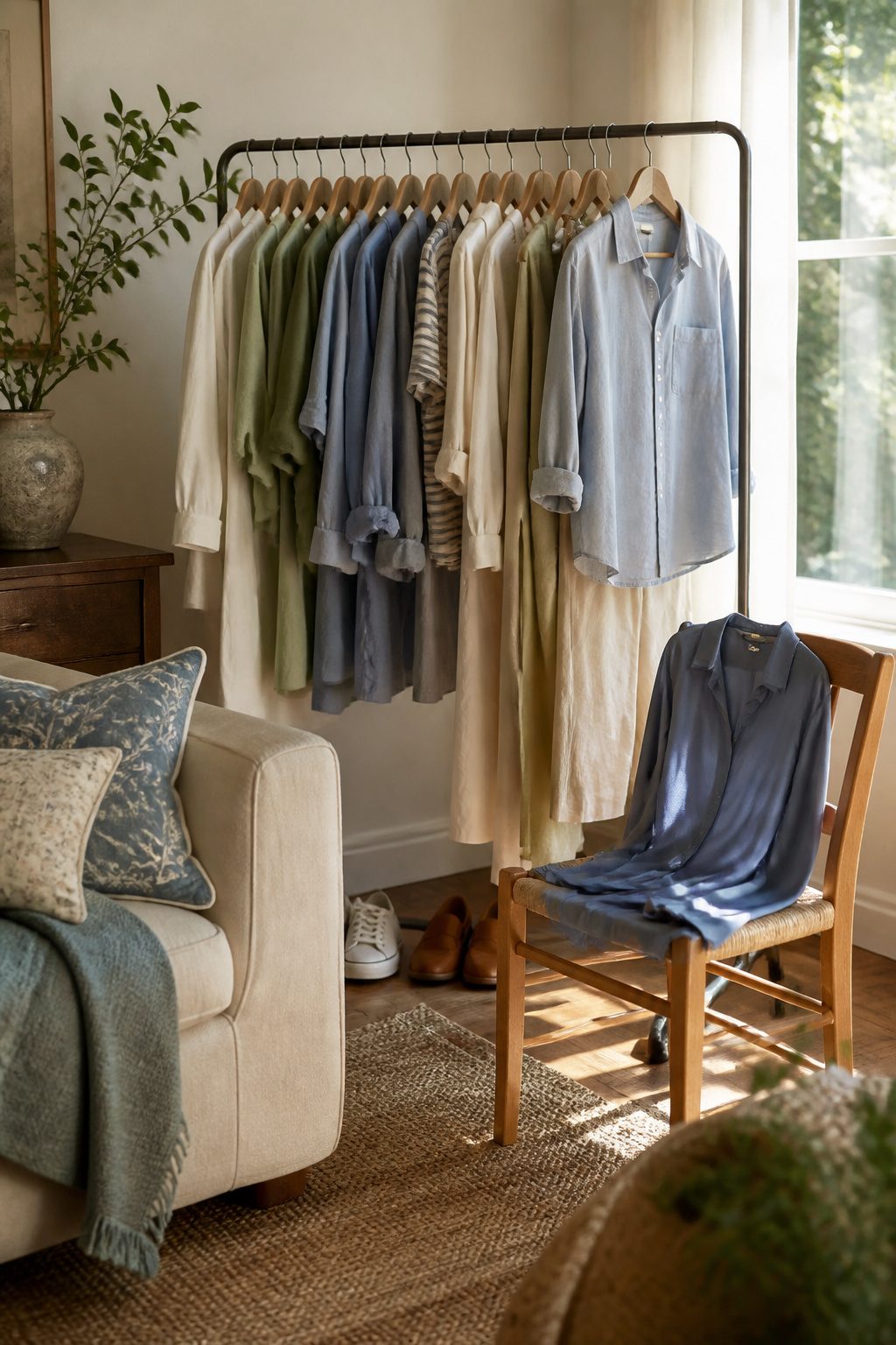 How to Build a Capsule Wardrobe: 7 Steps for a Smaller Closet in 2026 2 A clothing rack with garments in muted colors and natural fibers.