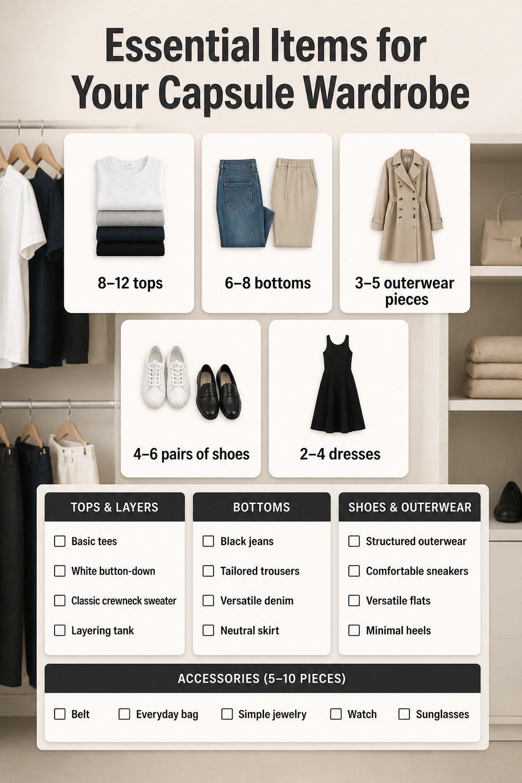 How to Build a Capsule Wardrobe: 7 Steps for a Smaller Closet in 2026 3 An infographic listing essential clothing items for a capsule wardrobe.