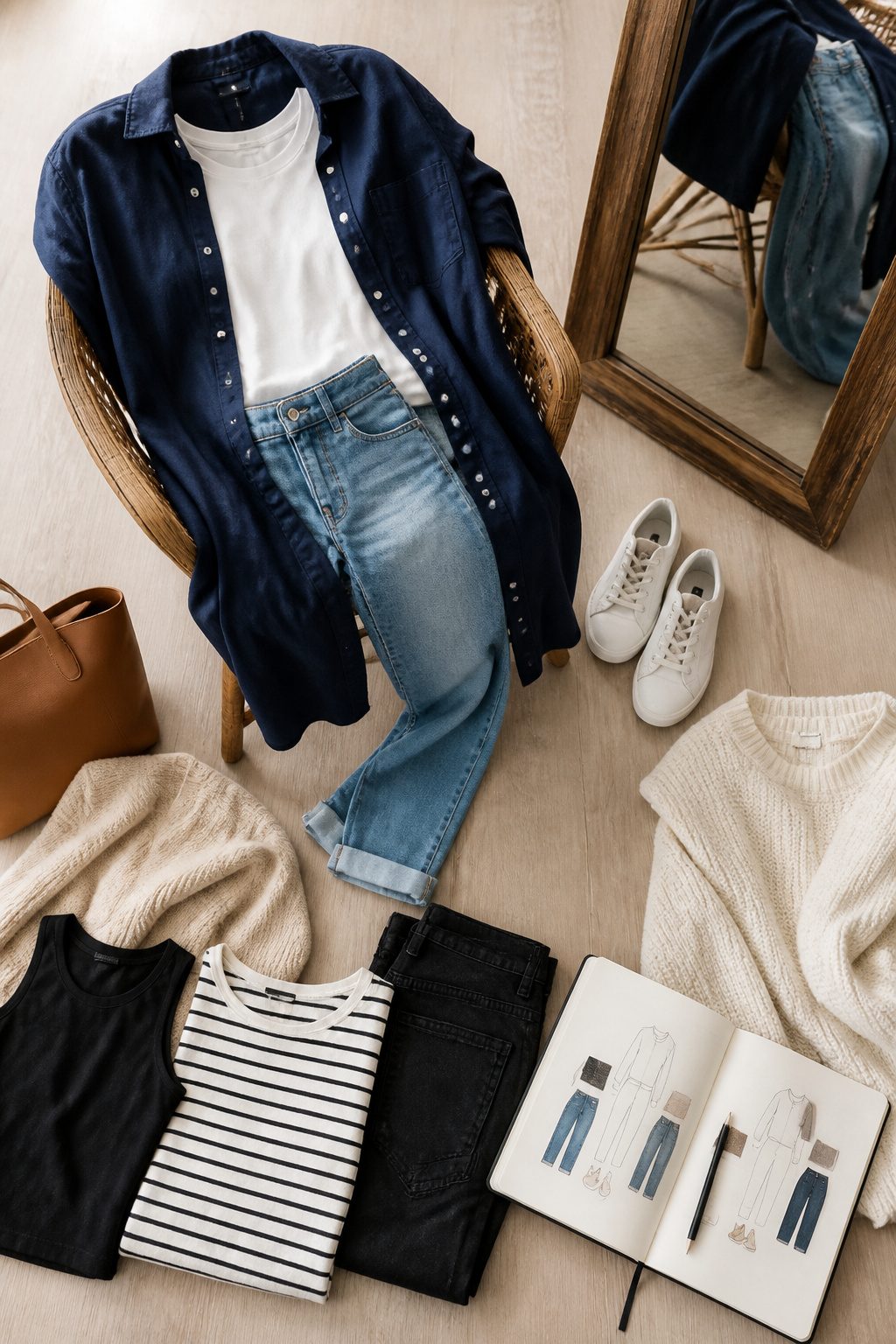 How to Build a Capsule Wardrobe: 7 Steps for a Smaller Closet in 2026 6 A collection of clothing items arranged to demonstrate outfit combinations.
