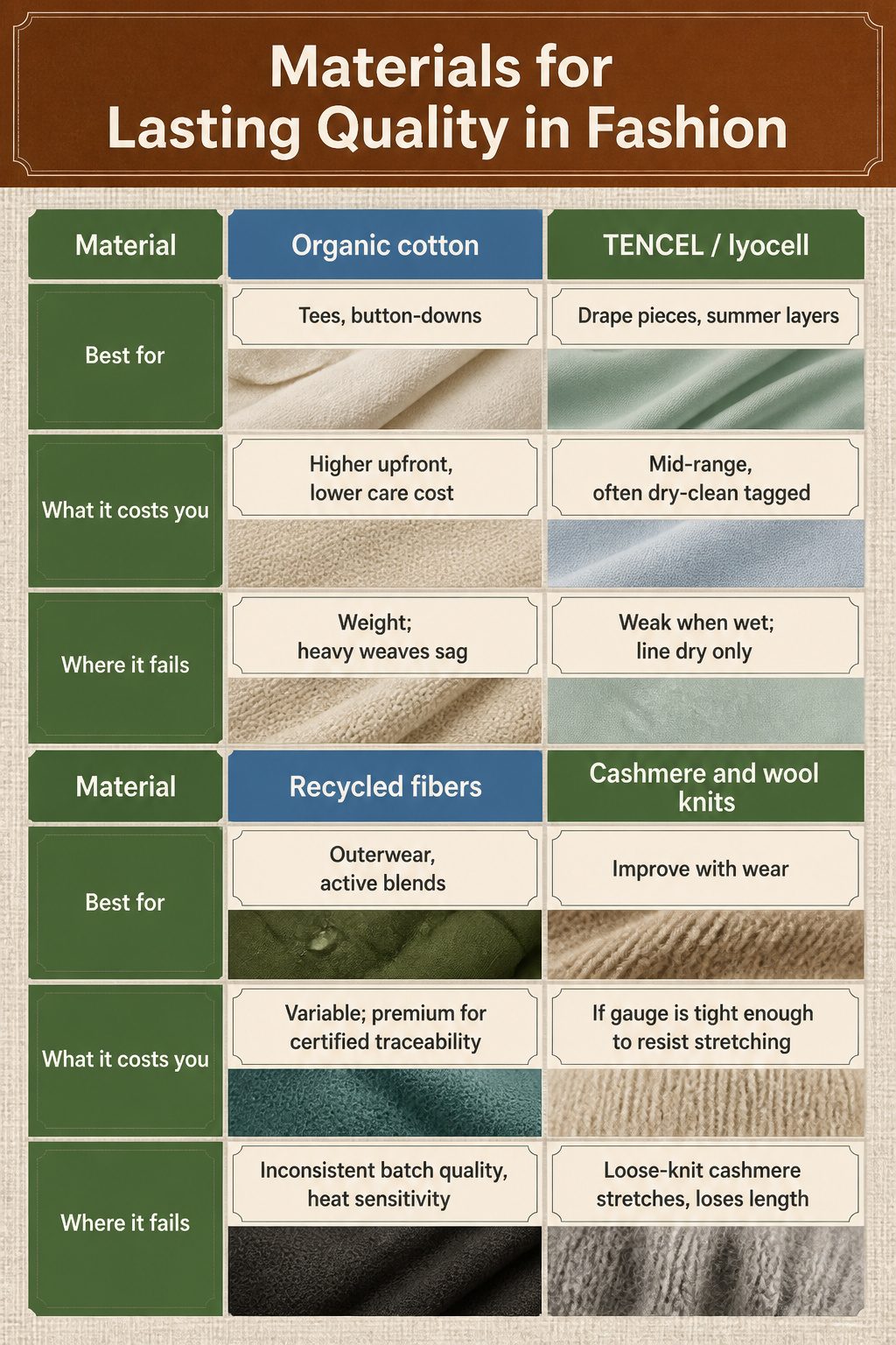 How to Build a Capsule Wardrobe: 7 Steps for a Smaller Closet in 2026 13 An infographic detailing different materials used in clothing.
