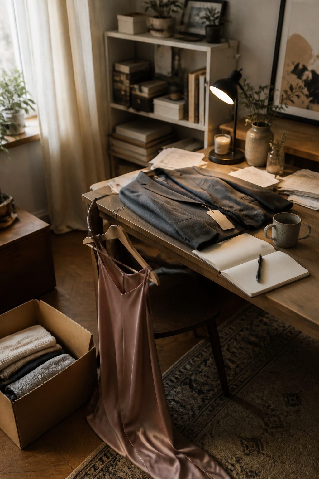 How to Build a Capsule Wardrobe: 7 Steps for a Smaller Closet in 2026 11 A desk with a blazer and a silk dress, symbolizing emotional connection.