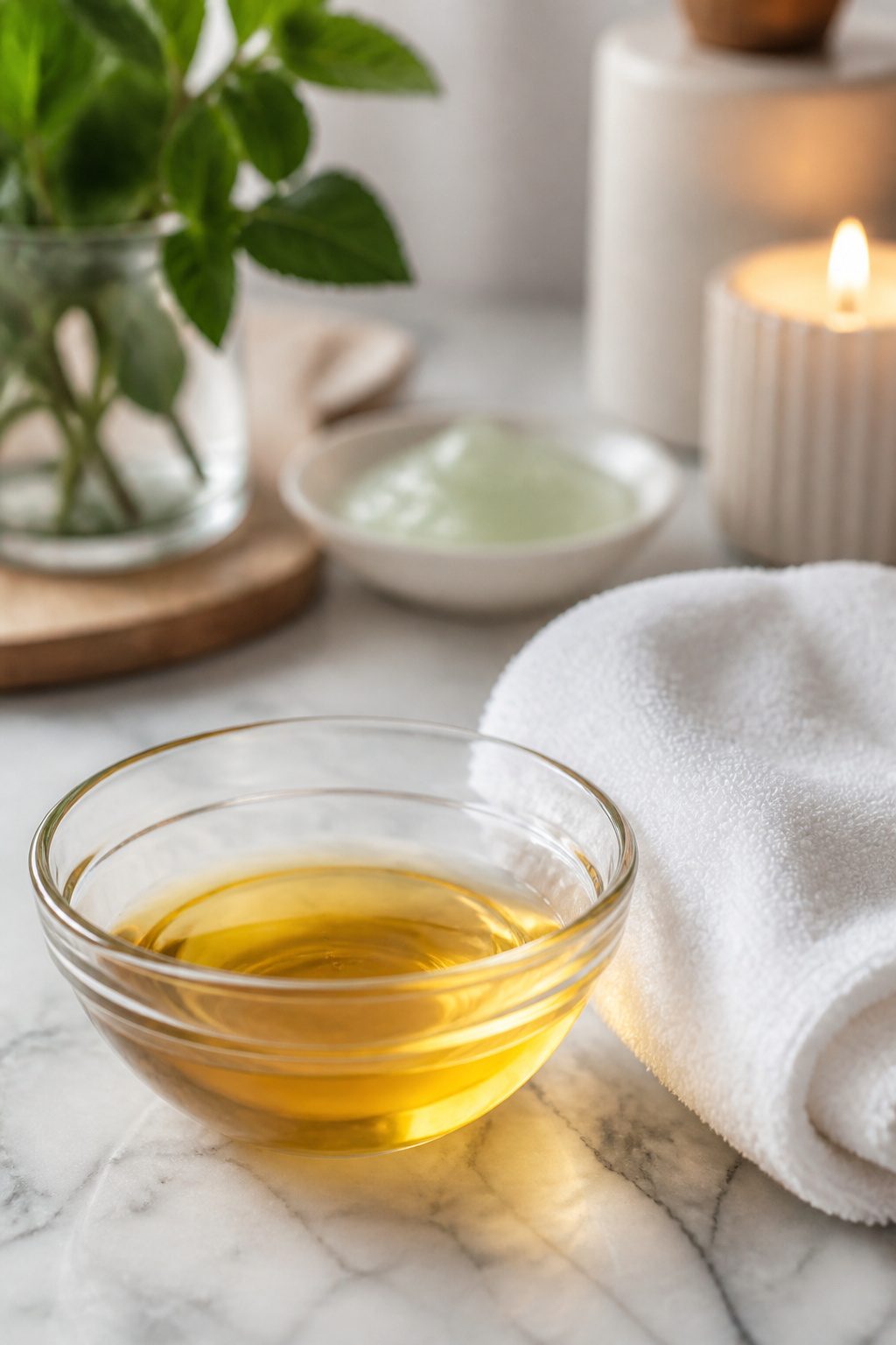 A clear glass bowl filled with golden oil cleanser beside a white washcloth.