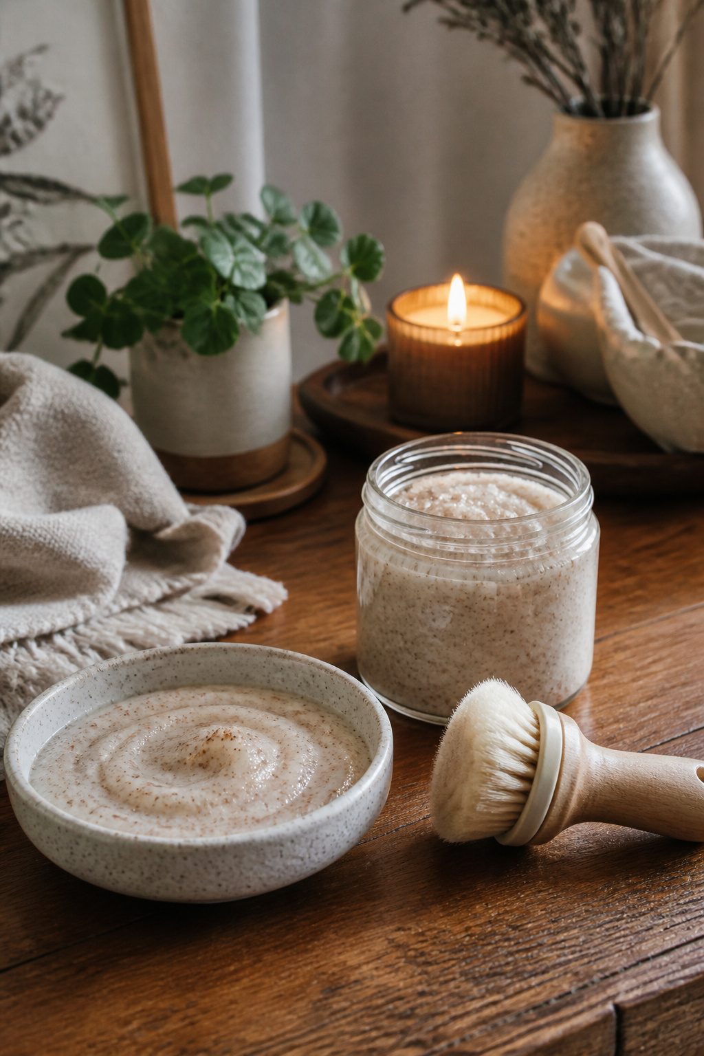 A wooden table with a jar of scrub, a ceramic dish, and a soft brush.