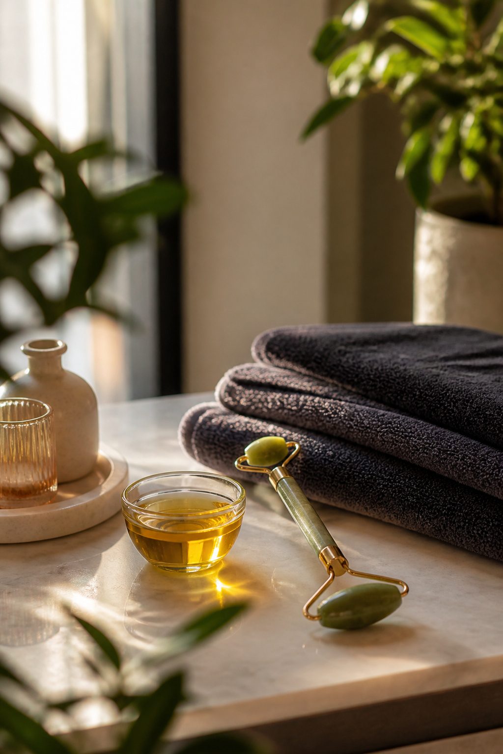 A minimalist vanity with a bowl of oil and a jade roller.