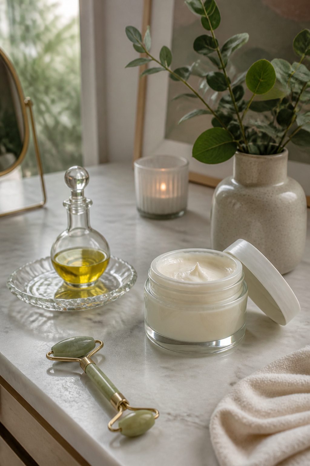 A glass jar of creamy moisturizer next to a jade roller on a table.