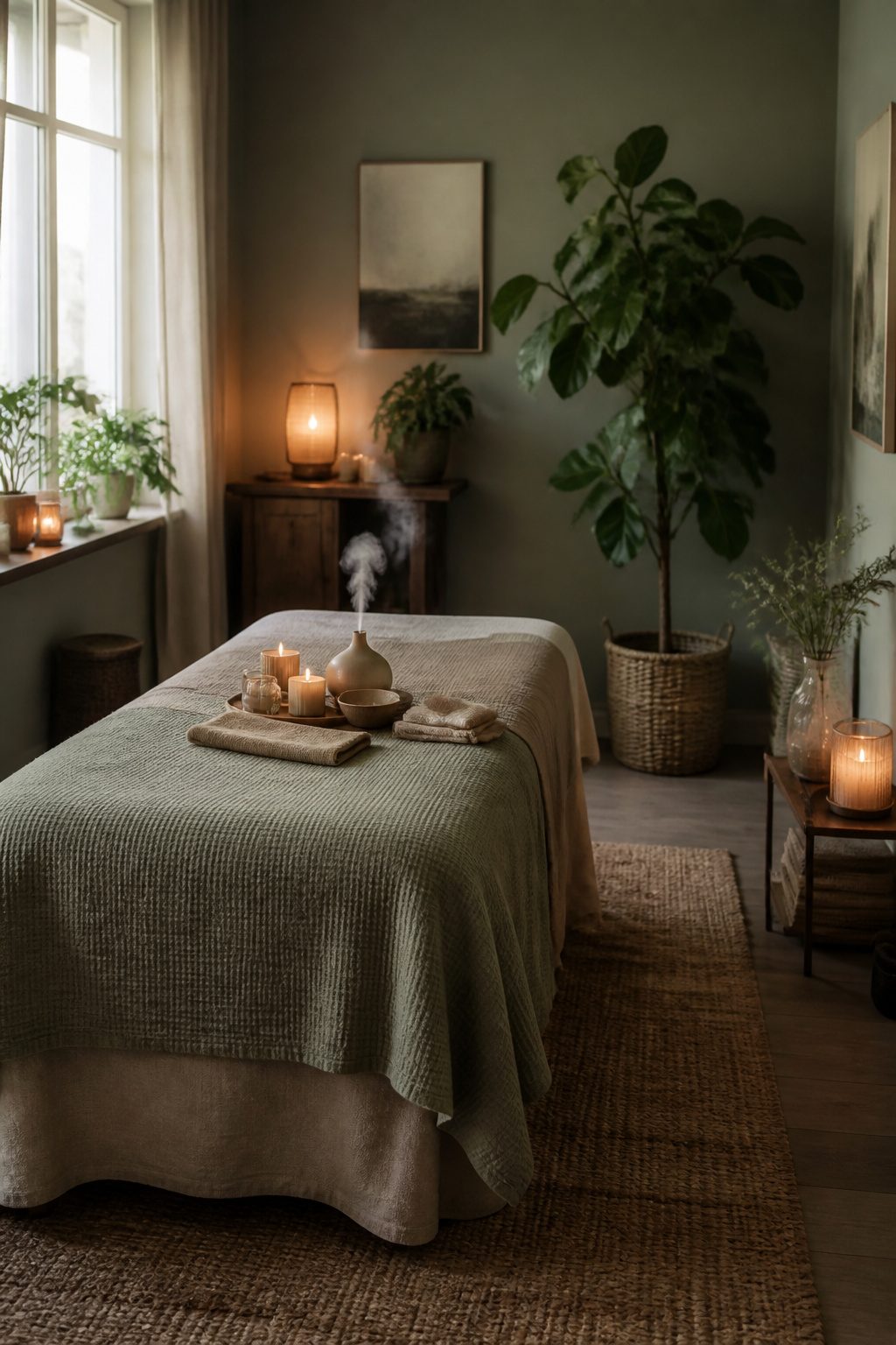 A serene setup with dim lighting and a diffuser for aromatherapy.