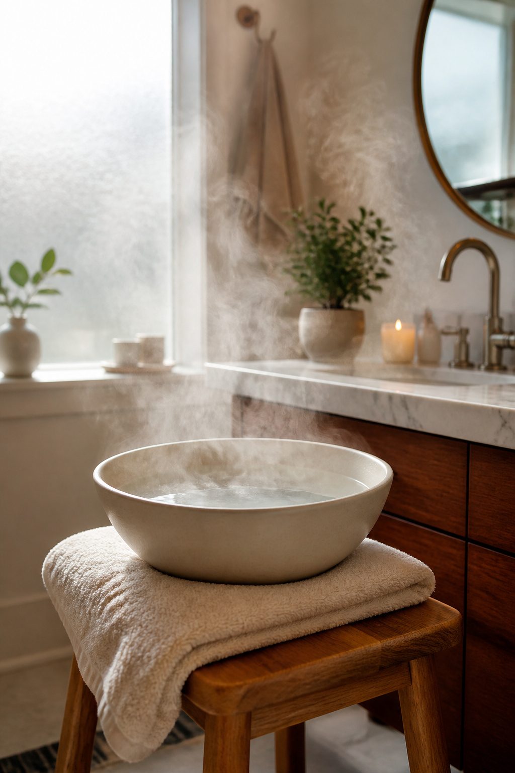 A bowl of steaming water on a wooden stool with a towel draped above.