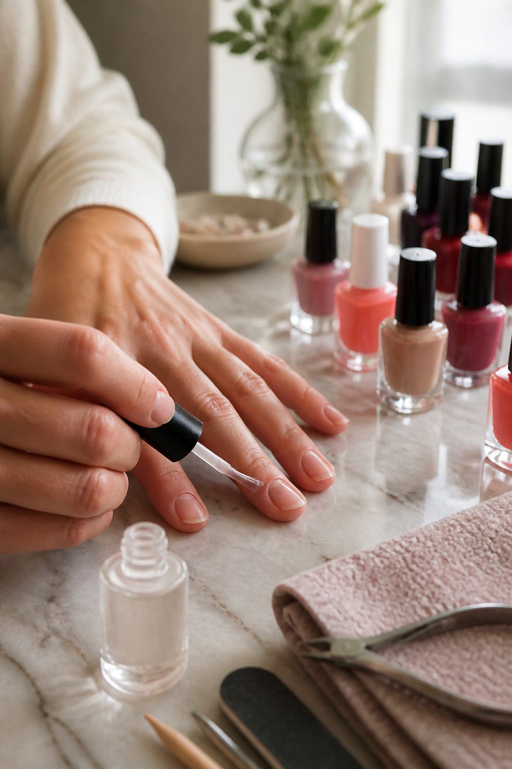 A close-up of a hand applying base coat to a nail.