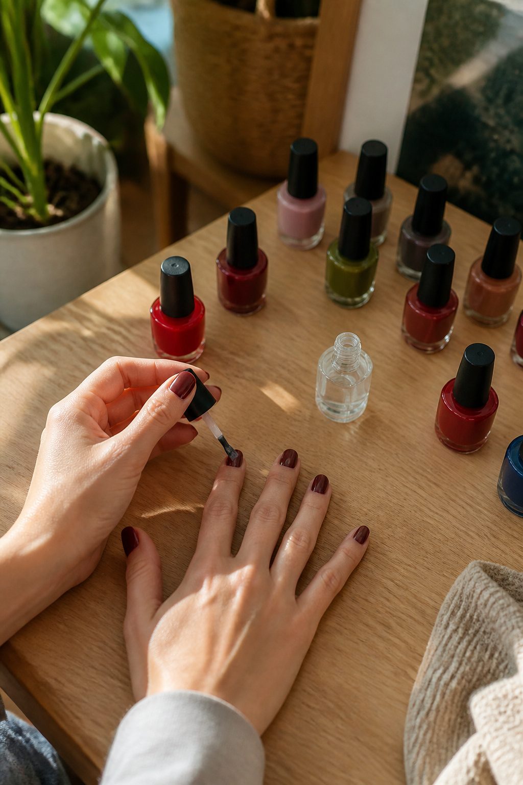 A hand applying a clear top coat over painted nails.