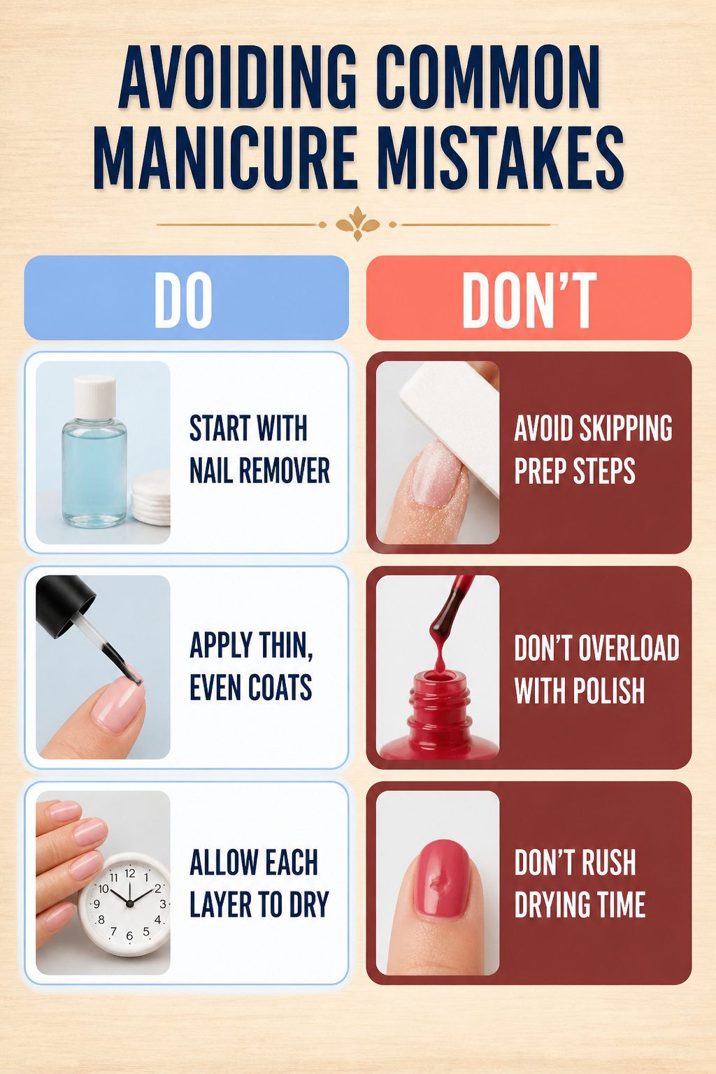 An informative image listing common manicure mistakes.