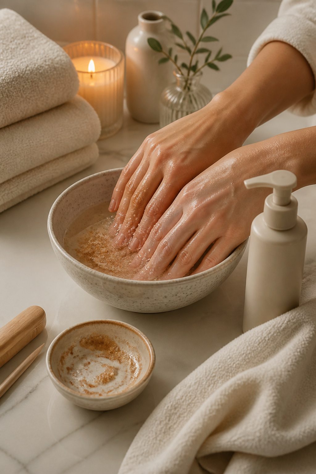 Hands covered in exfoliating scrub with a bowl nearby.