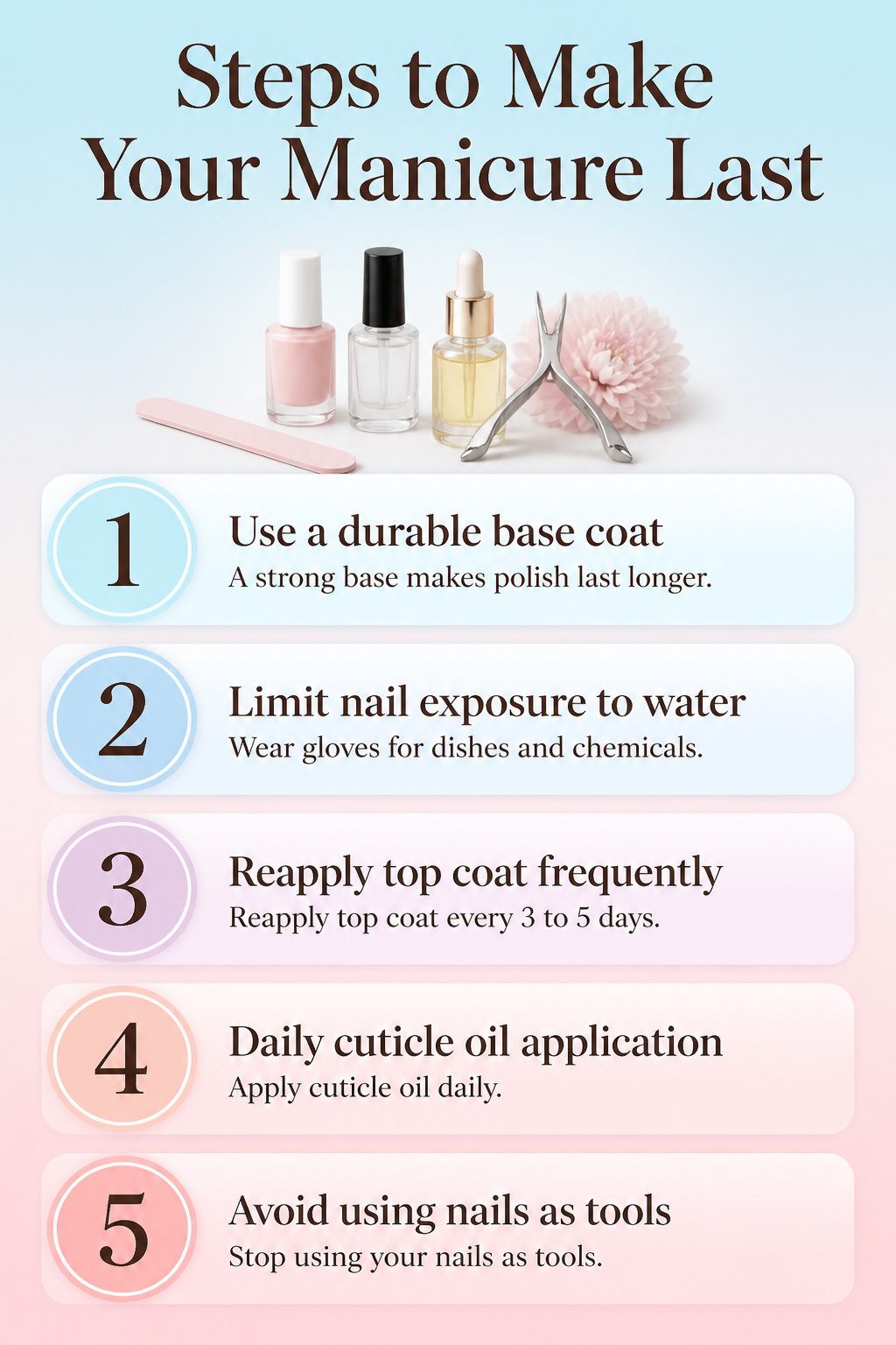 A list of steps to extend the wear of a manicure.
