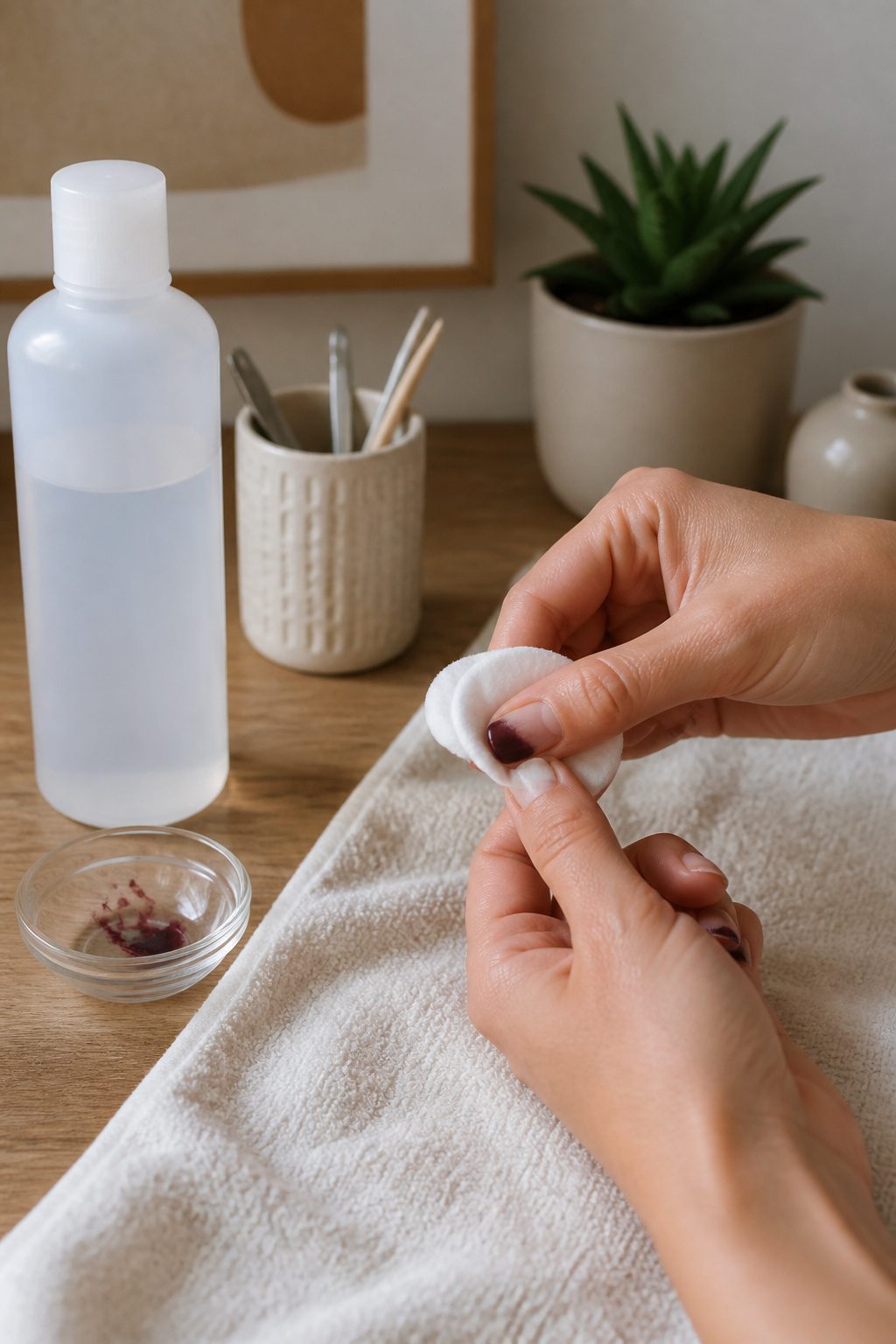 A close-up of a hand holding a cotton pad against a nail with polish remover.