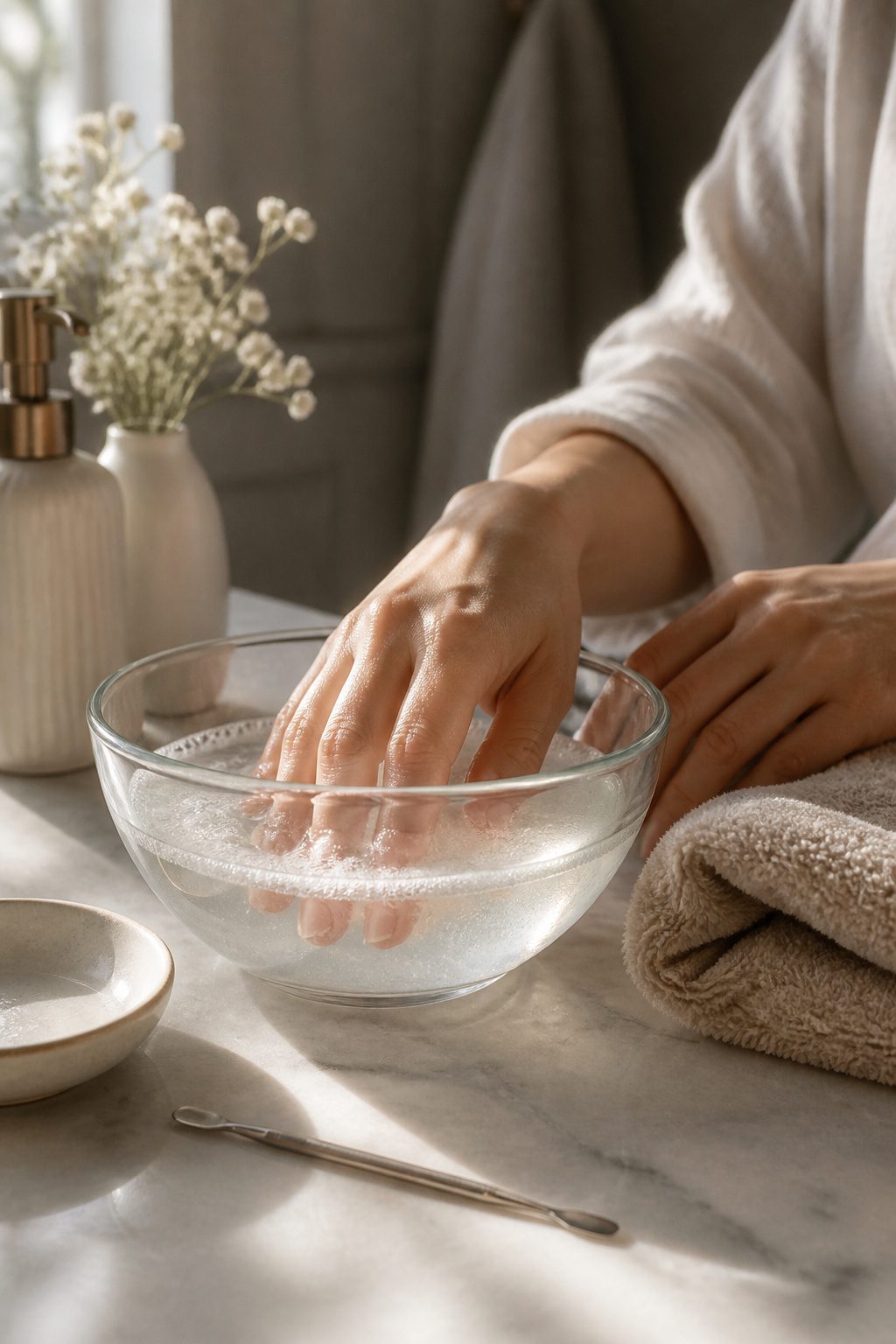 A bowl of warm, soapy water with fingers submerged for cuticle care.