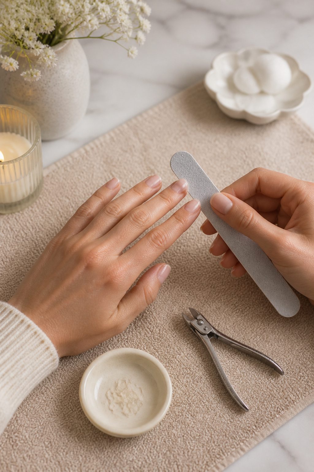 A set of nail clippers and a nail file beside neatly manicured fingers.