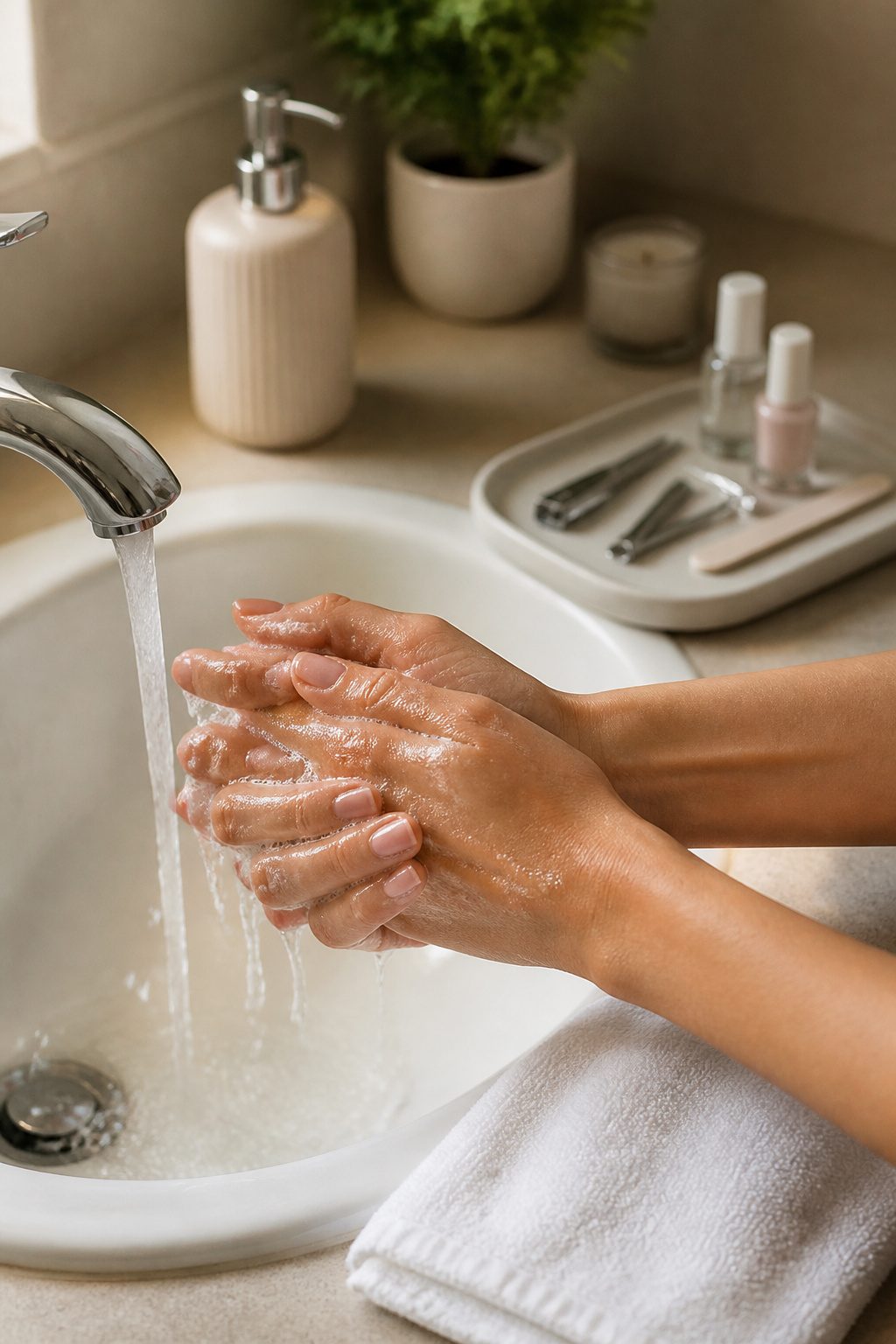 A pair of hands washing under a stream of warm water with soap.