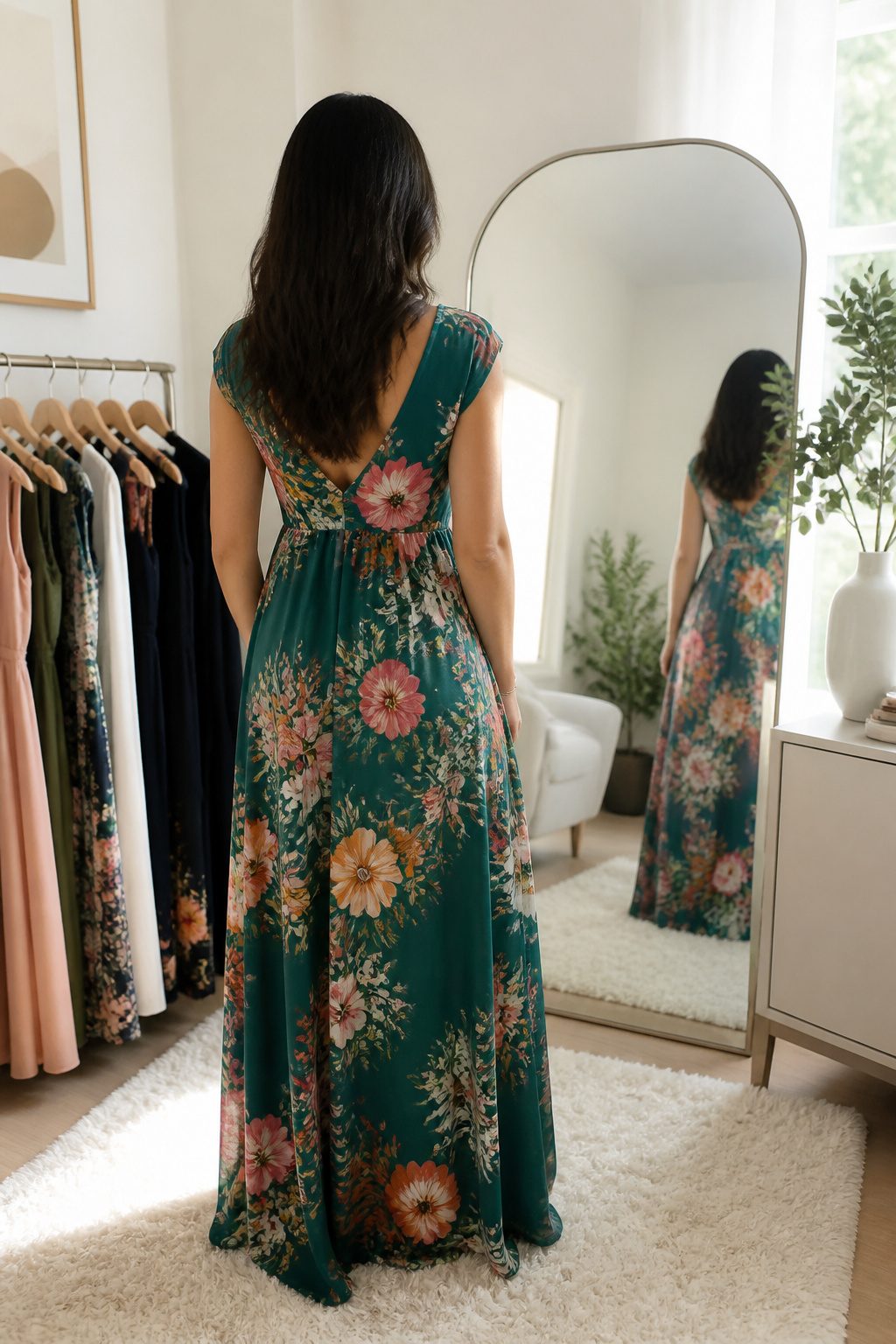 How to Dress for Your Body Type: A Practical 7-Shape Guide for 2026 8 A model in a dressing room wears a structured empire-waist dress.