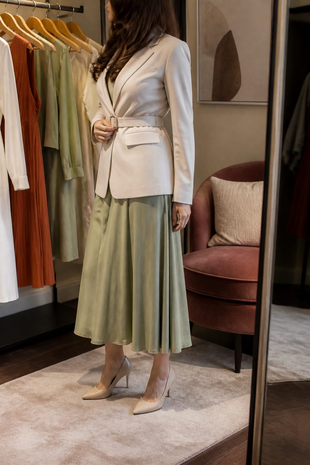 How to Dress for Your Body Type: A Practical 7-Shape Guide for 2026 4 A model in a fitting room wears a belted blazer and dress.
