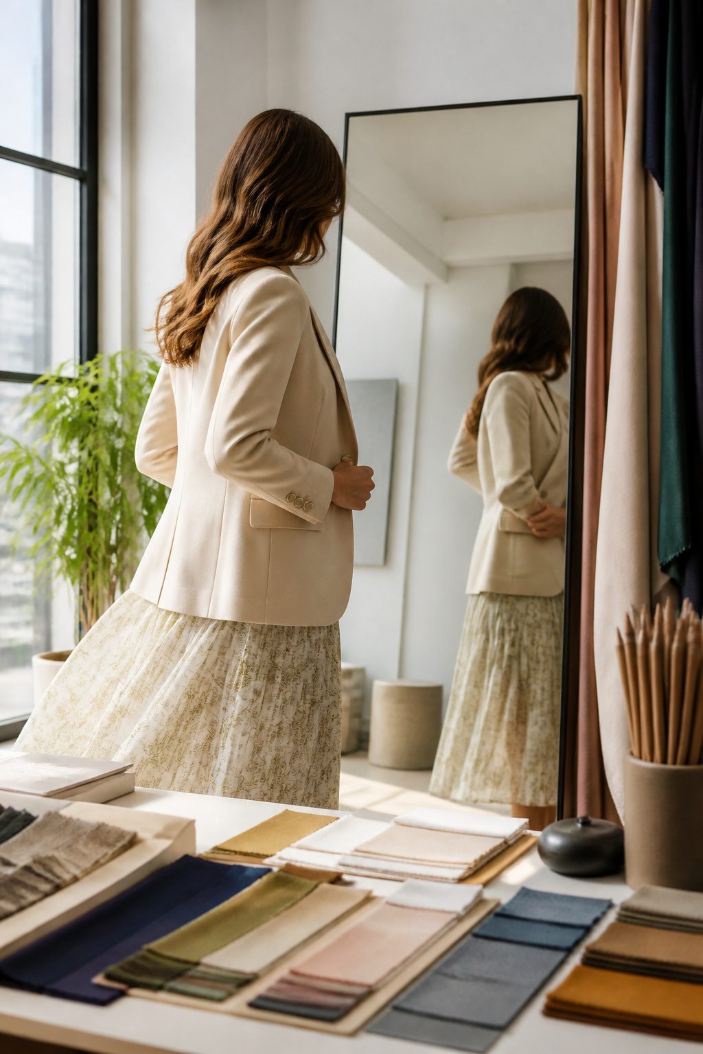 How to Dress for Your Body Type: A Practical 7-Shape Guide for 2026 11 A model in a fashion studio looks at her reflection in a mirror.