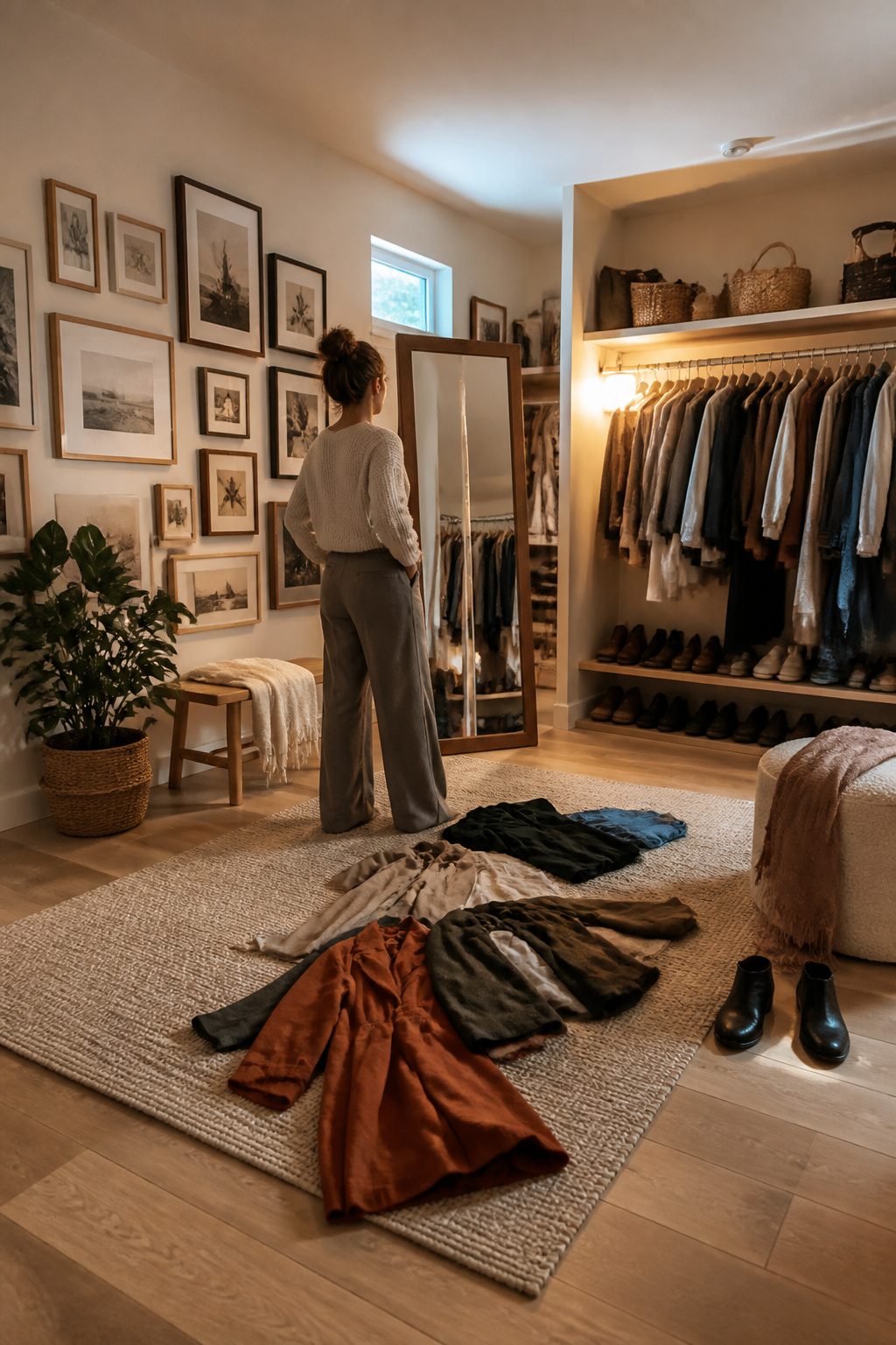 How to Dress for Your Body Type: A Practical 7-Shape Guide for 2026 12 A model considers her outfit choices in a bright space.