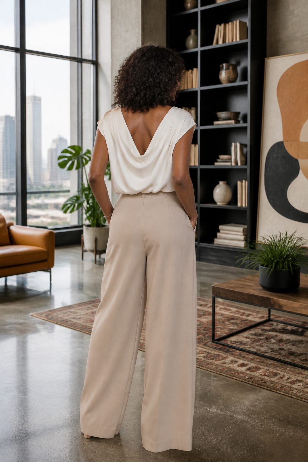 How to Dress for Your Body Type: A Practical 7-Shape Guide for 2026 9 A model stands in a loft wearing a balanced outfit for an inverted triangle shape.