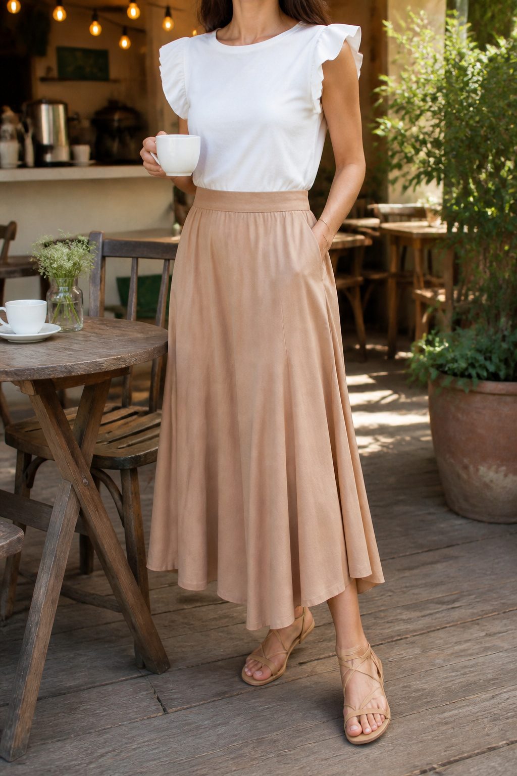 How to Dress for Your Body Type: A Practical 7-Shape Guide for 2026 6 A model sits at an outdoor café wearing a boat neck top and A-line skirt.