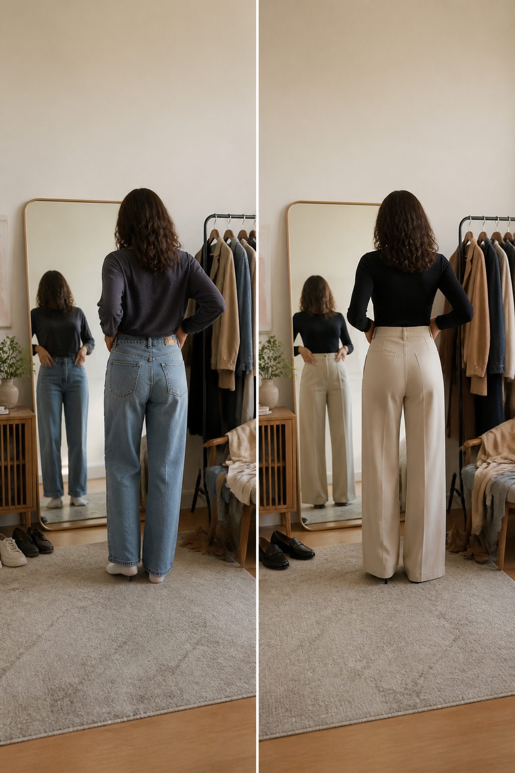 A person examining their body shape in front of a mirror.