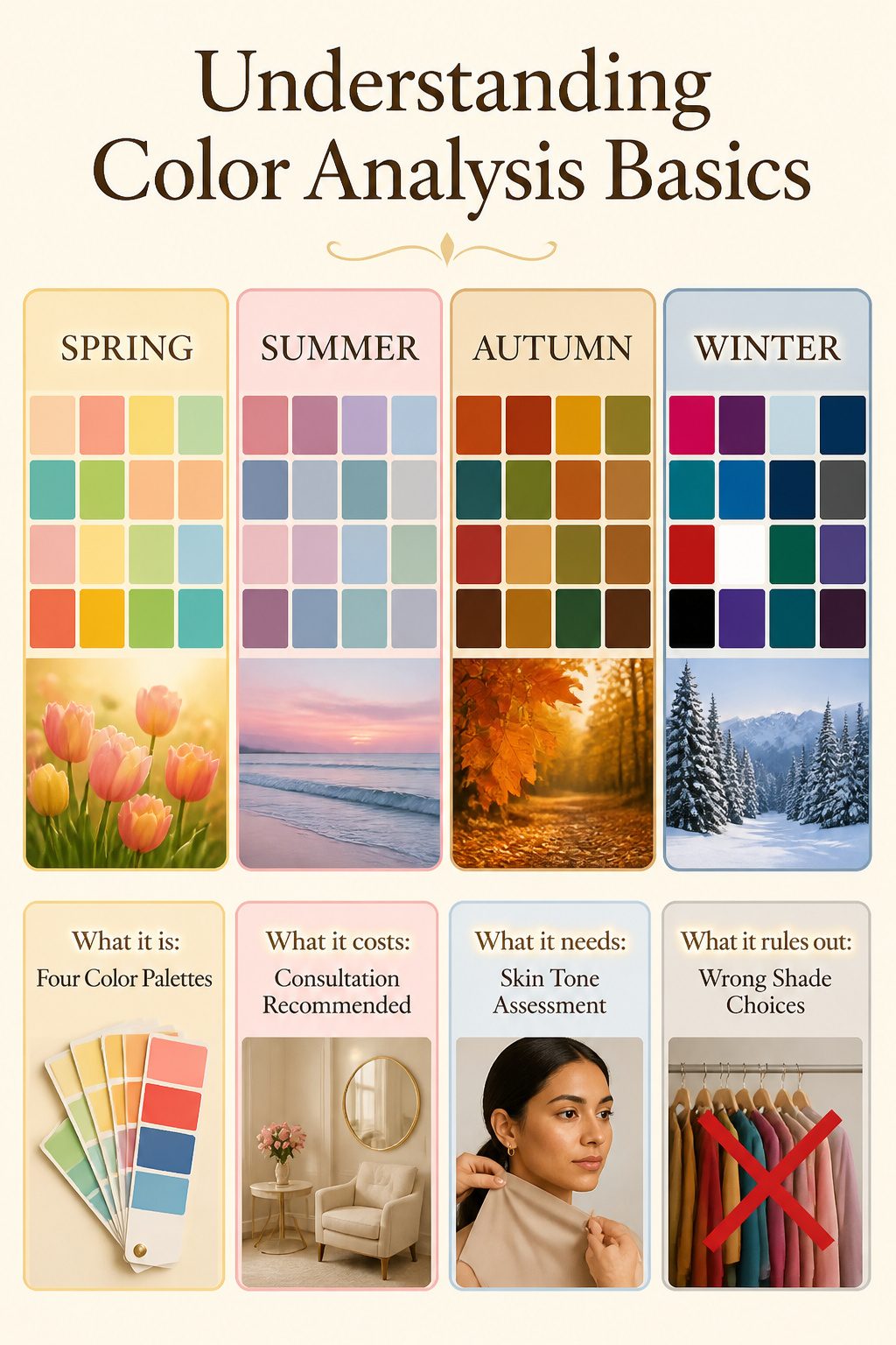 An informational graphic explaining color analysis basics with seasonal palettes.