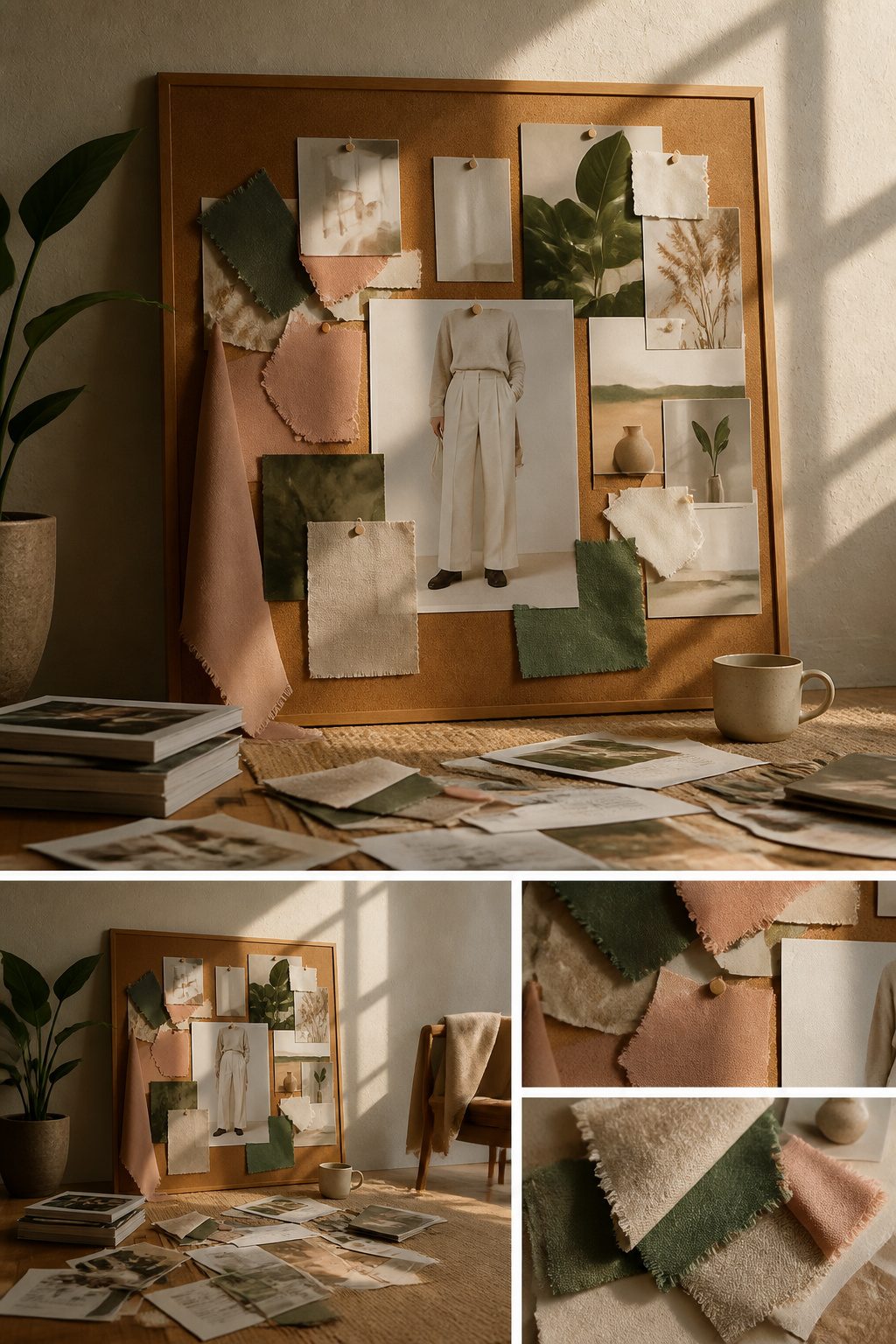 A mood board with color swatches and fashion images displayed.
