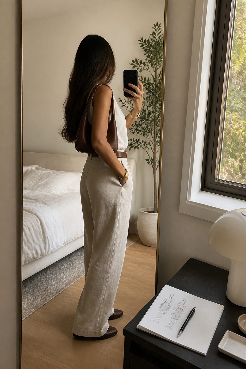 A person taking a selfie in front of a mirror with a notebook nearby.