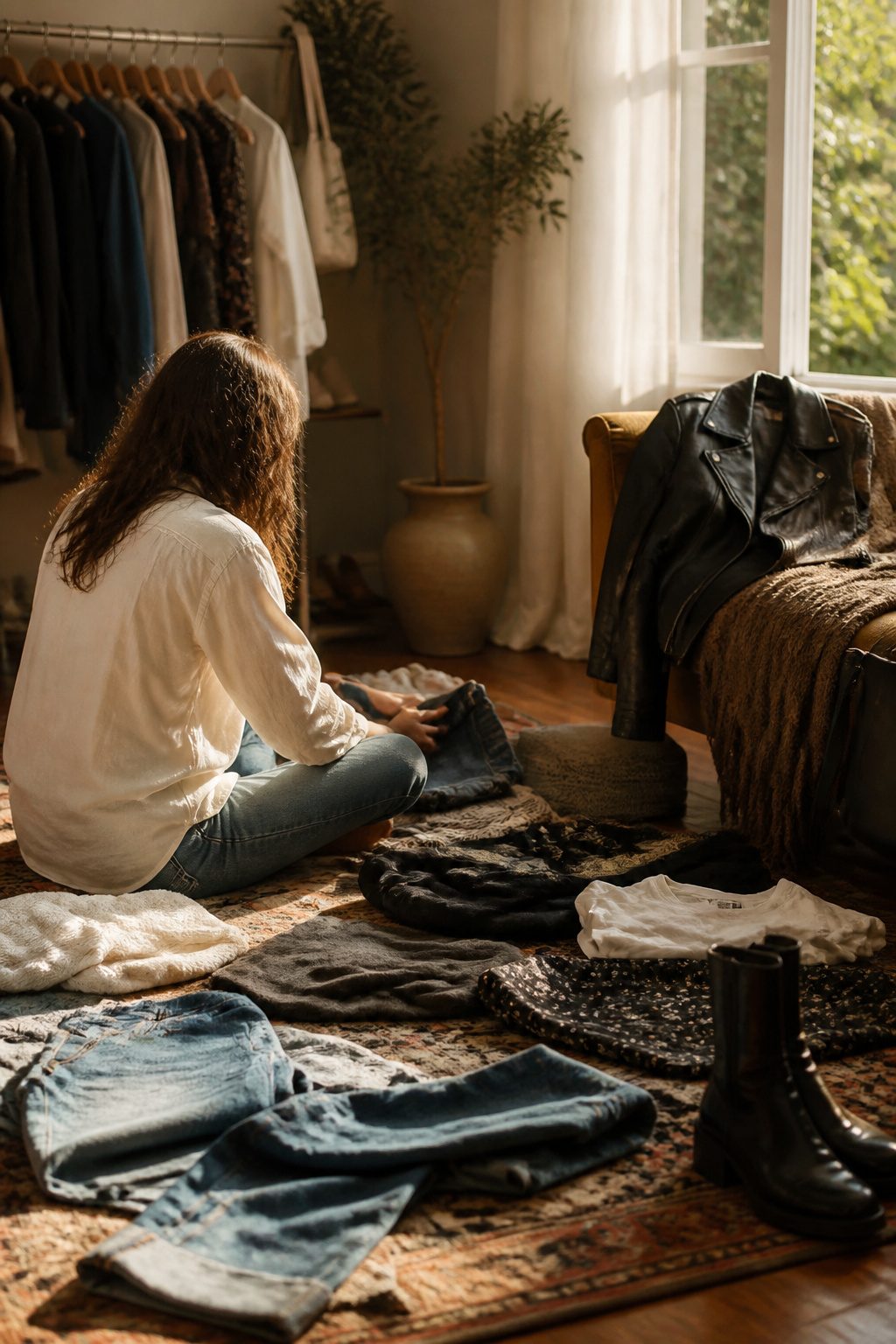 A person sorting through clothes from different fashion eras on a rug.