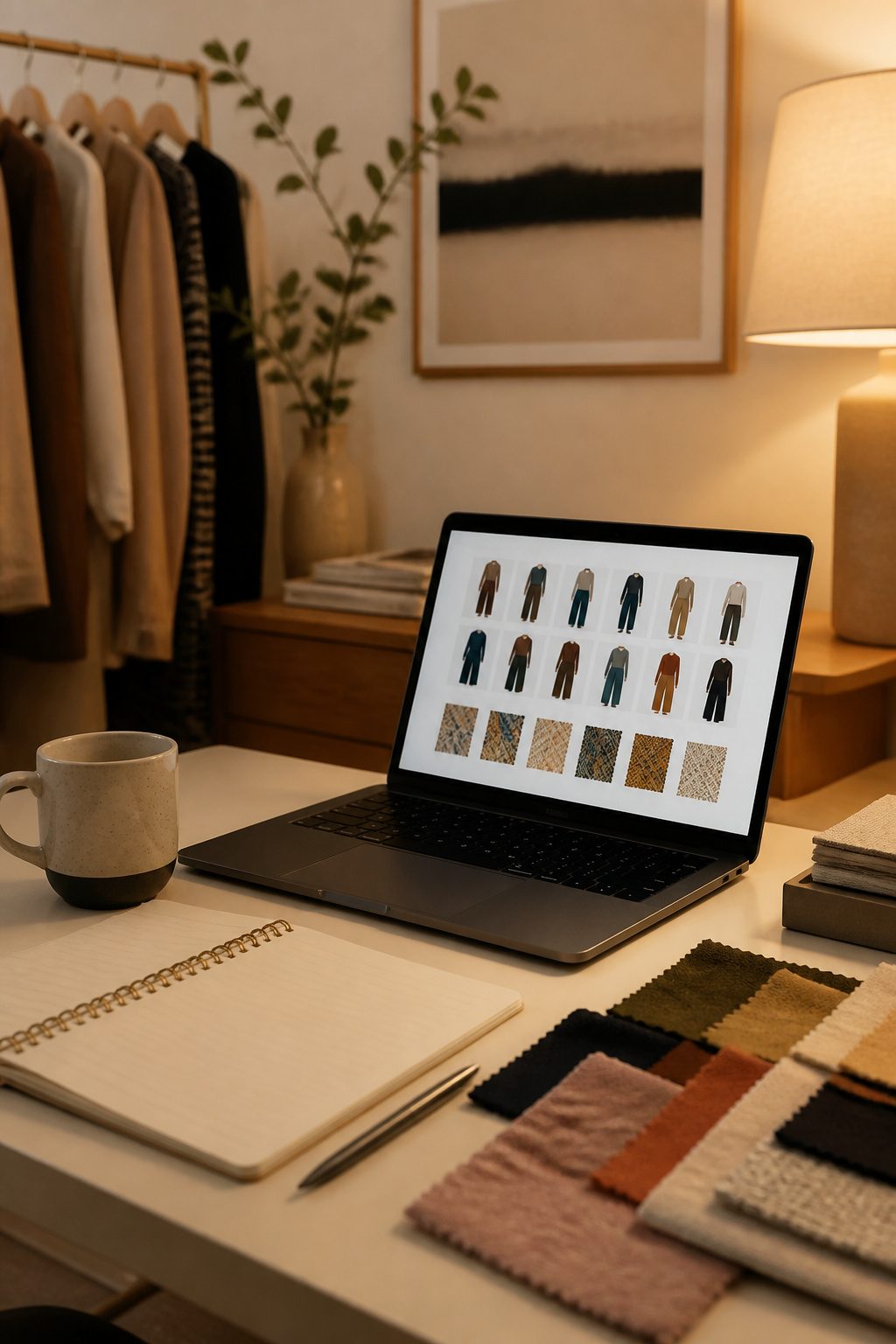 A laptop on a desk showing a style quiz with fabric swatches.