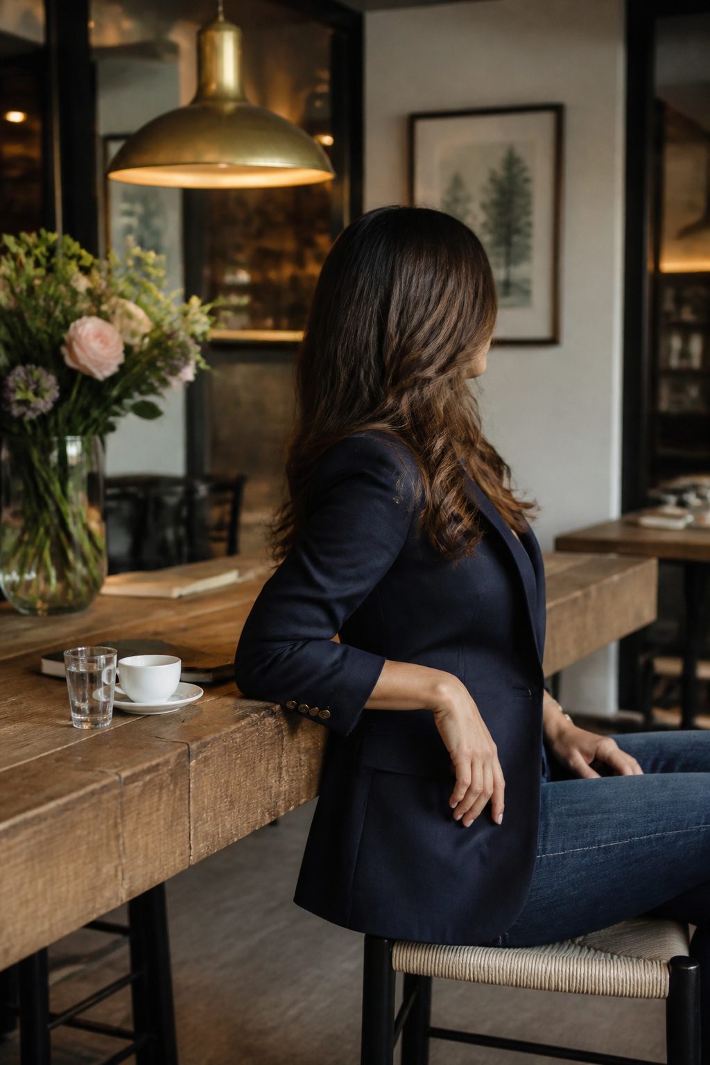 How to Look Good in Pictures: 10 Steps From Lighting to Posing 2 A model in a navy blazer and jeans, angled at forty-five degrees.