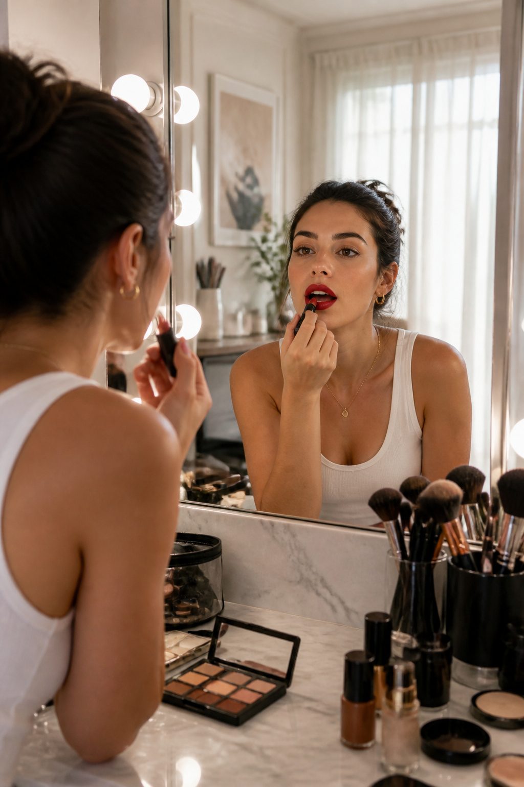 How to Look Good in Pictures: 10 Steps From Lighting to Posing 8 A model applying red lipstick at a vanity with bright lighting.