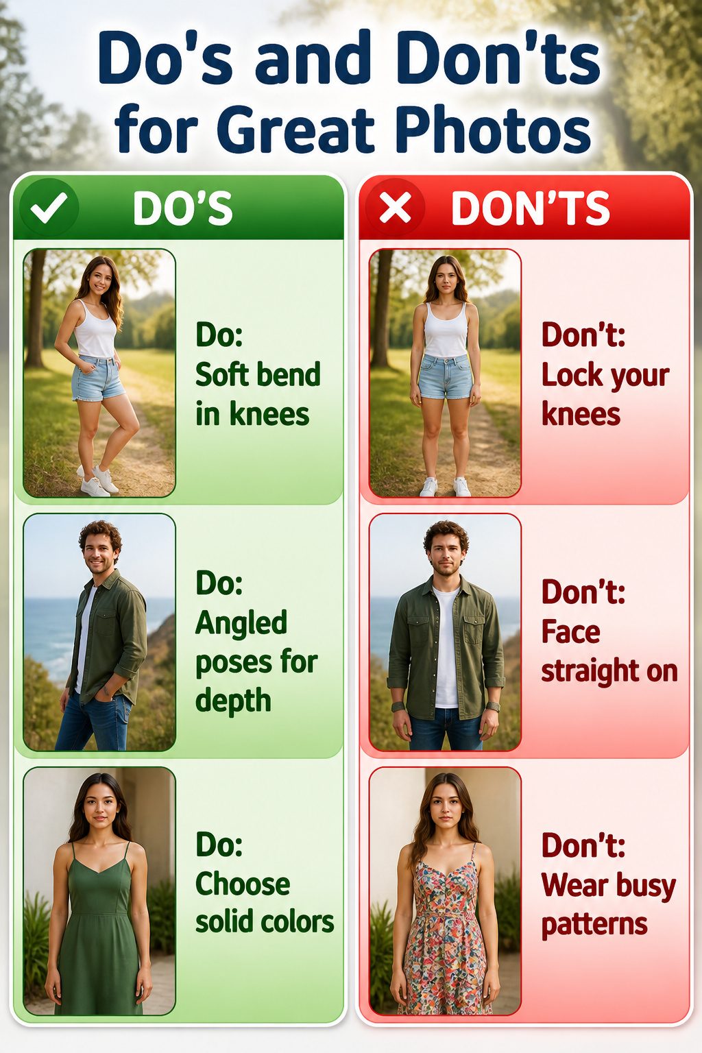 How to Look Good in Pictures: 10 Steps From Lighting to Posing 13 A guide illustrating do's and don'ts for taking great photos.