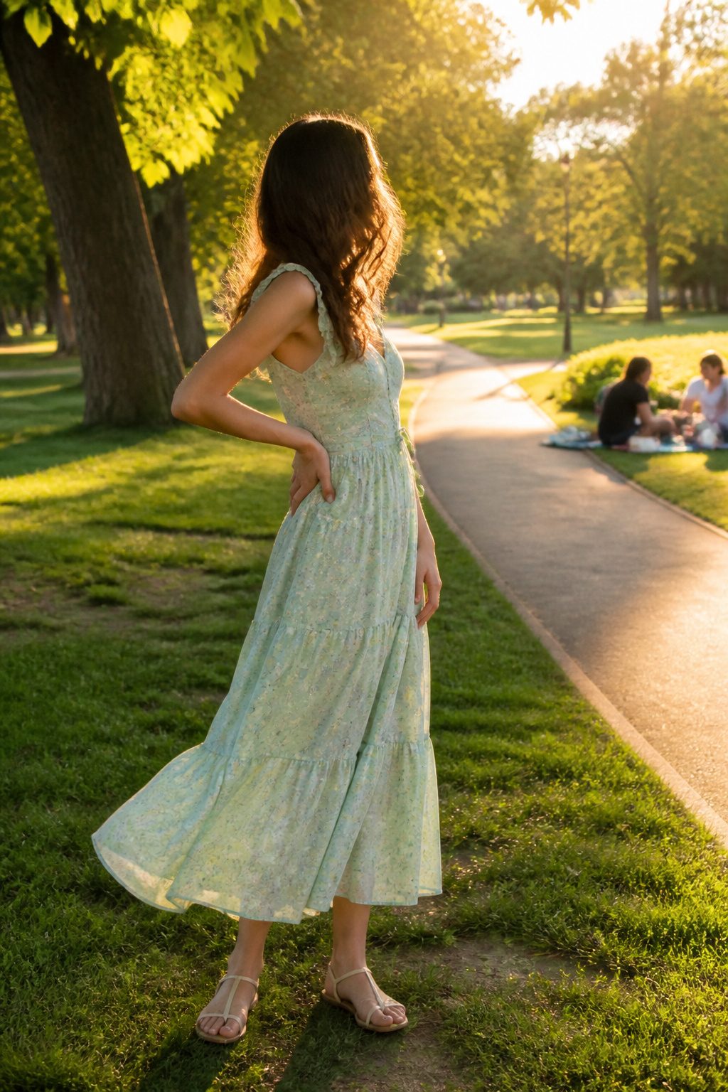 How to Look Good in Pictures: 10 Steps From Lighting to Posing 4 A model standing in a pastel sundress with one hand on her hip.