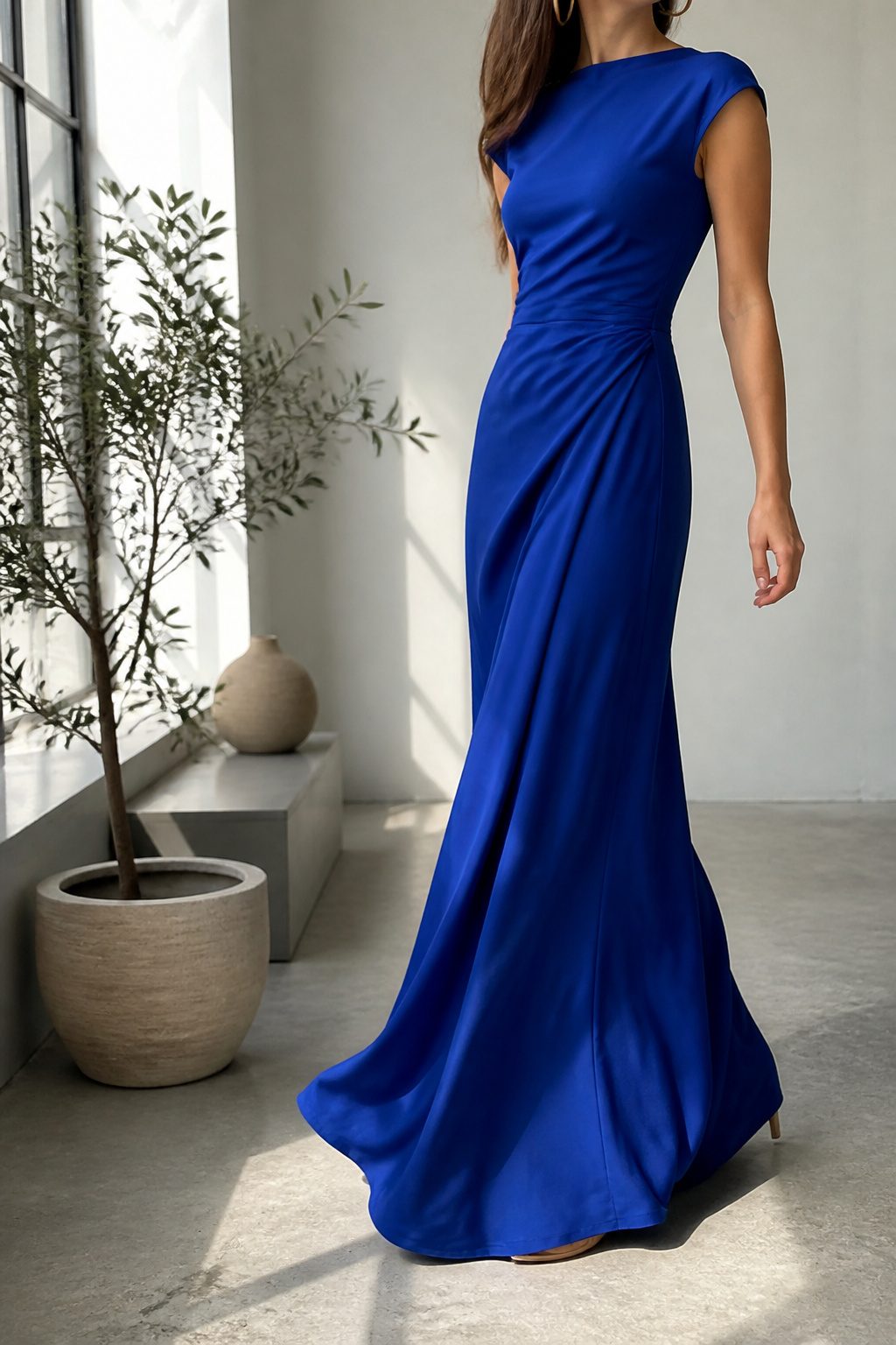 How to Look Good in Pictures: 10 Steps From Lighting to Posing 7 A model in a cobalt blue dress, styled simply with gold earrings.