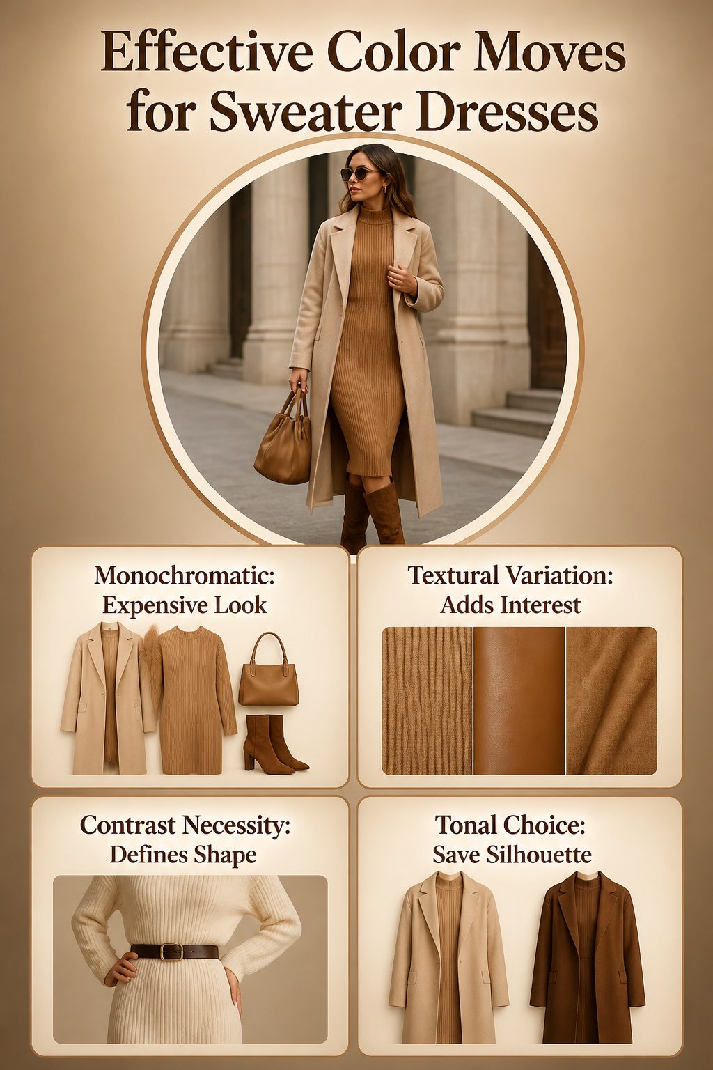 How to Style a Sweater Dress: 10 Outfit Ideas for 2026 13 Illustration showing color combinations for styling sweater dresses.